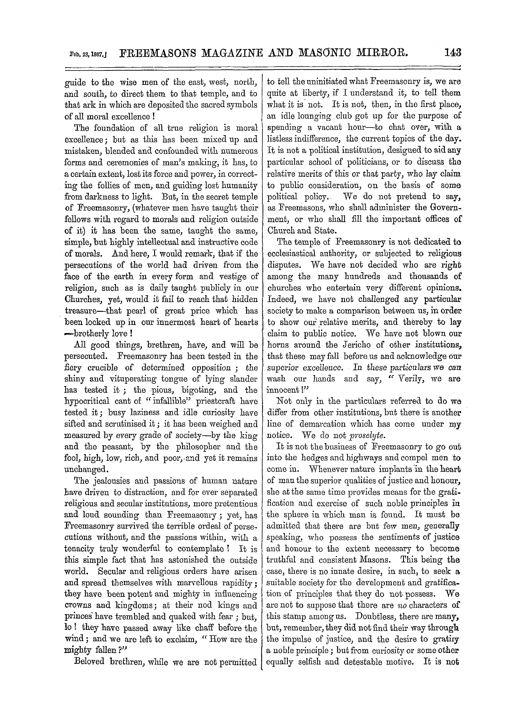 The Freemasons' Monthly Magazine: 1867-02-23 - Freemasonry.