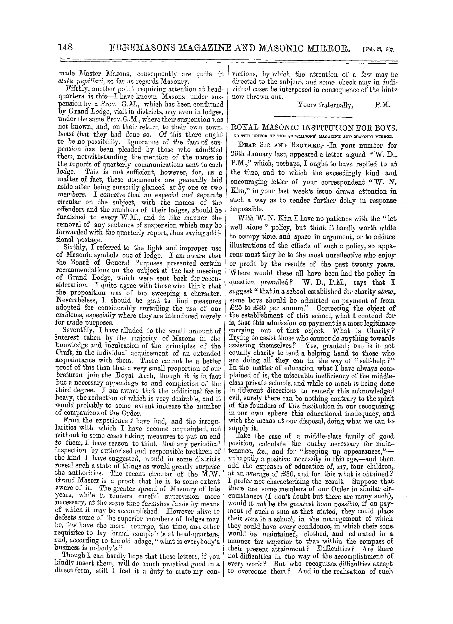 The Freemasons' Monthly Magazine: 1867-02-23 - Correspondence.