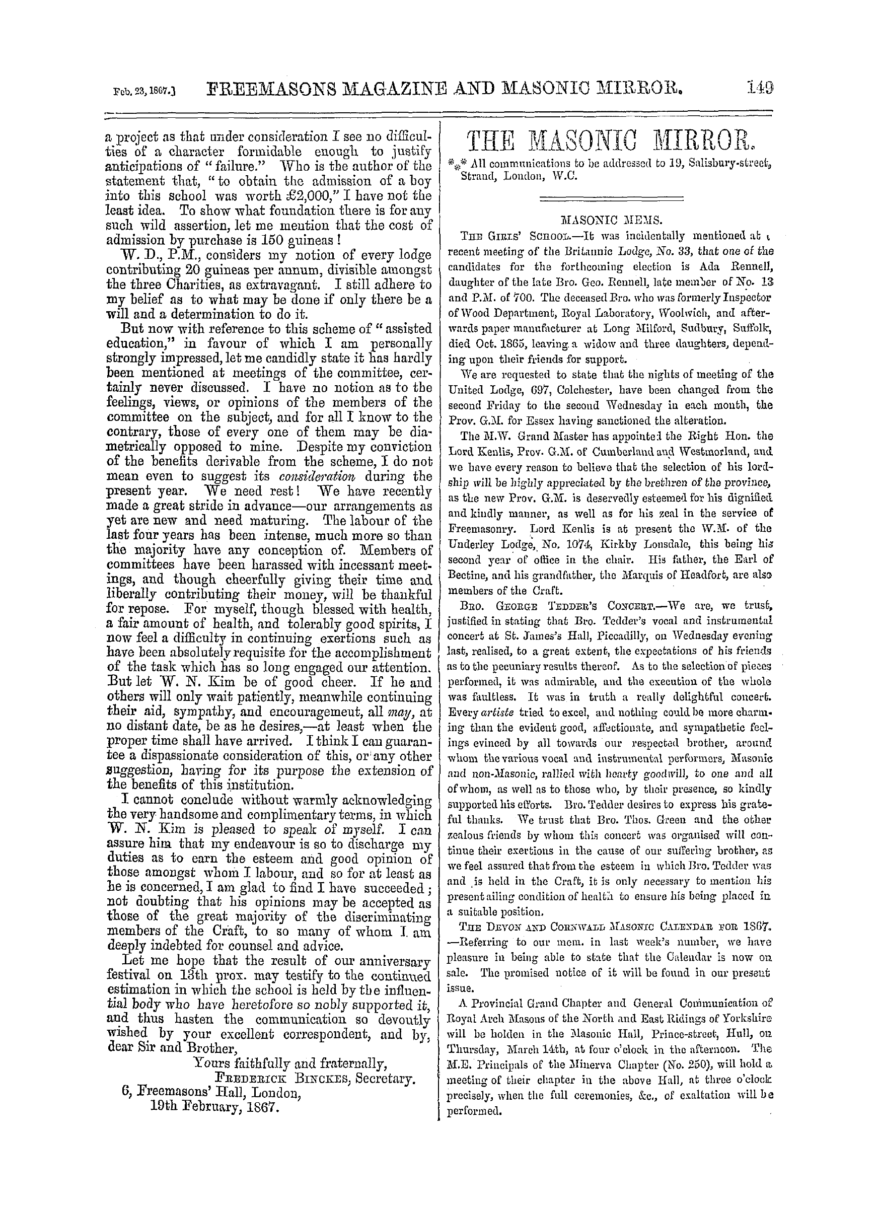 The Freemasons' Monthly Magazine: 1867-02-23: 9
