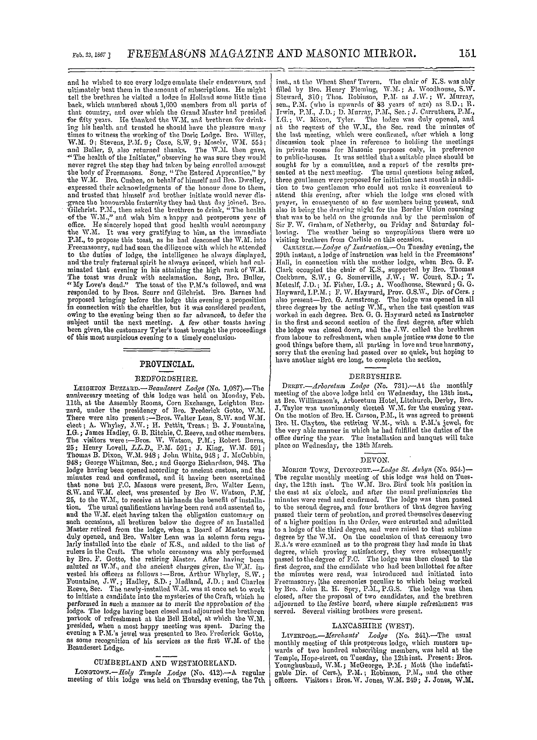 The Freemasons' Monthly Magazine: 1867-02-23 - Provincial.