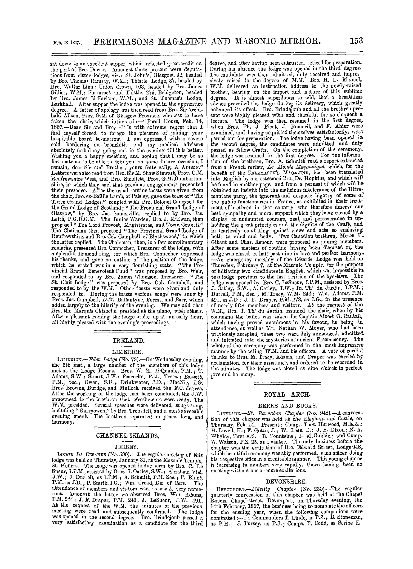 The Freemasons' Monthly Magazine: 1867-02-23 - Channel Islands.