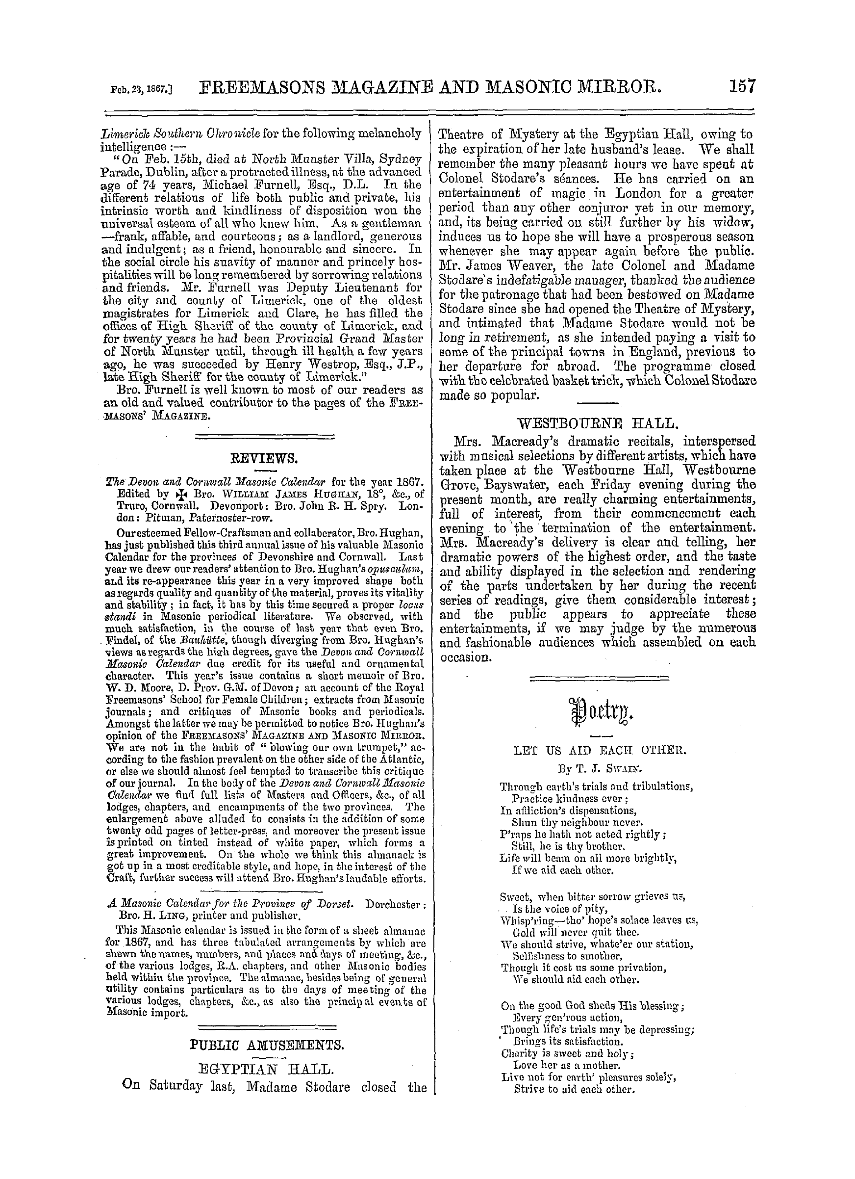 The Freemasons' Monthly Magazine: 1867-02-23 - Reviews.