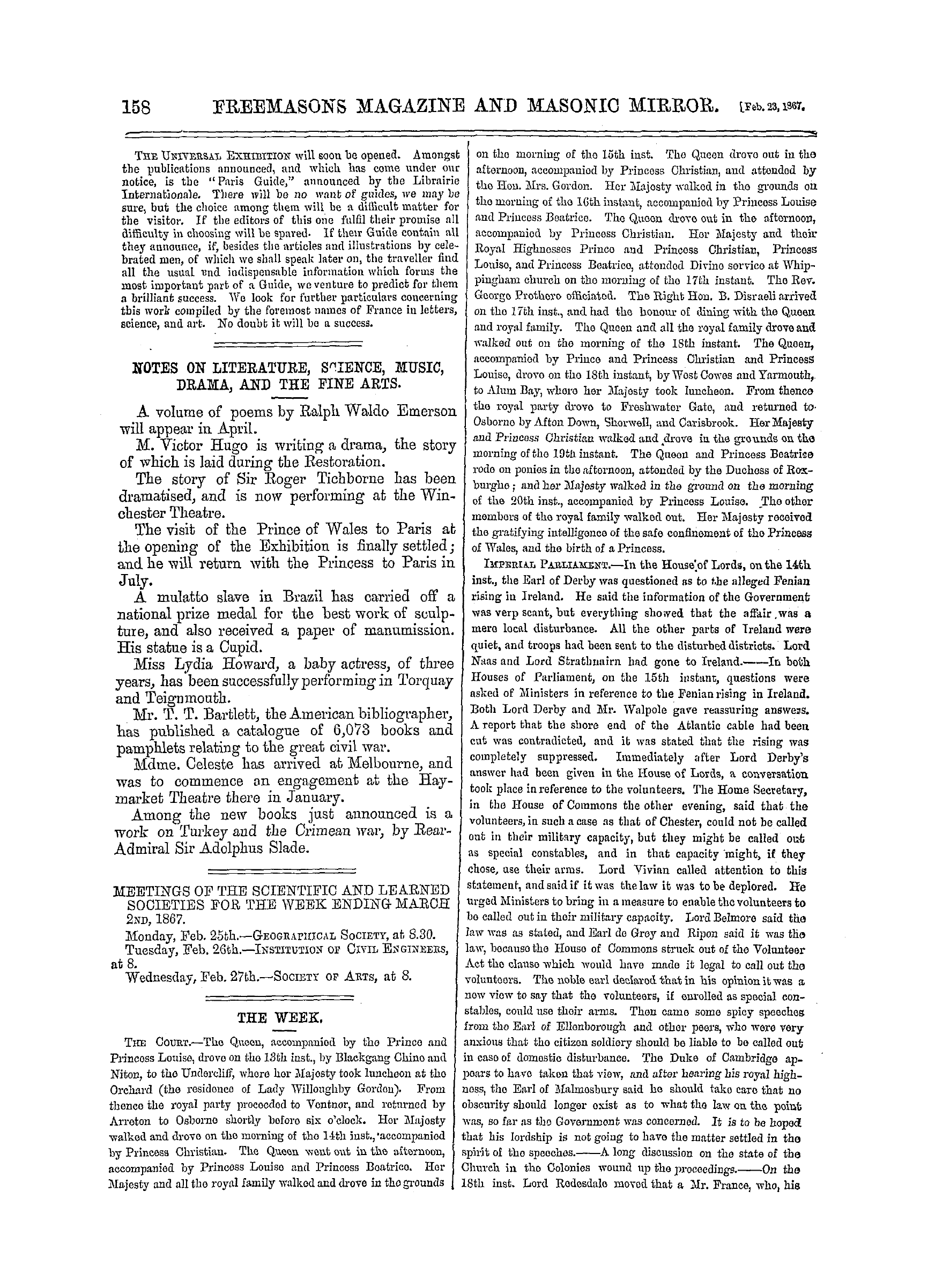 The Freemasons' Monthly Magazine: 1867-02-23 - The Week.