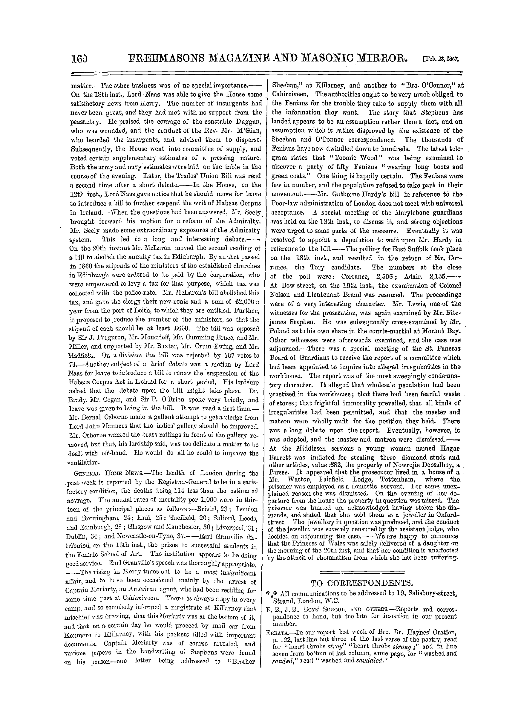 The Freemasons' Monthly Magazine: 1867-02-23 - To Correspondents.