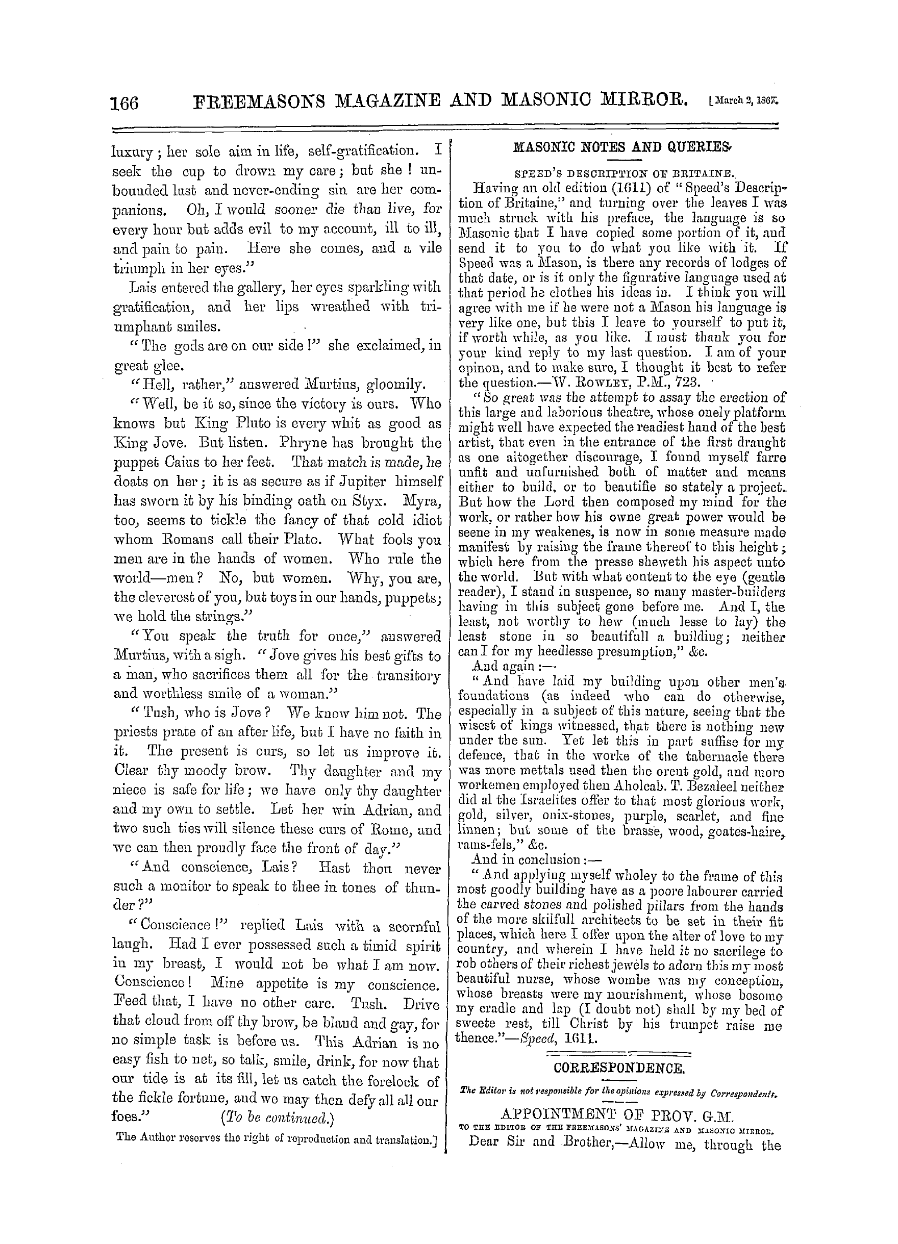 The Freemasons' Monthly Magazine: 1867-03-02 - Correspondence.