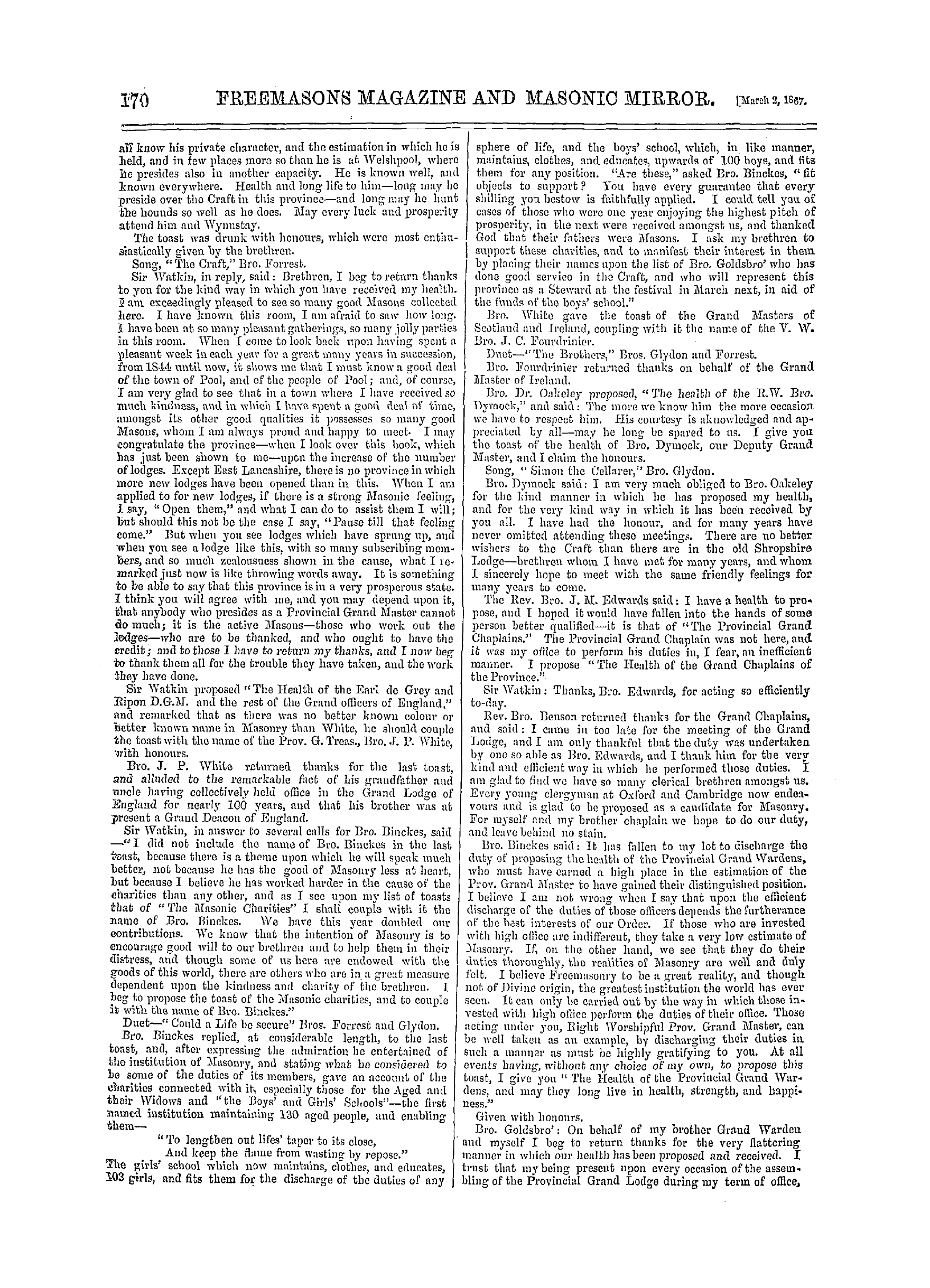 The Freemasons' Monthly Magazine: 1867-03-02 - Provincial.