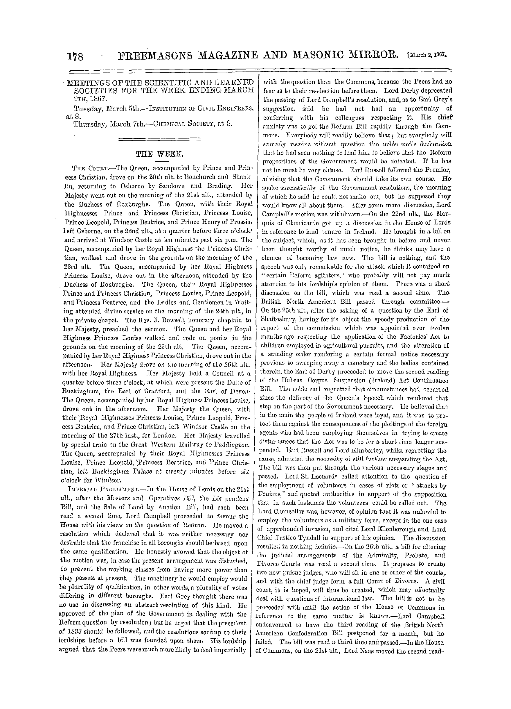 The Freemasons' Monthly Magazine: 1867-03-02 - The Week.