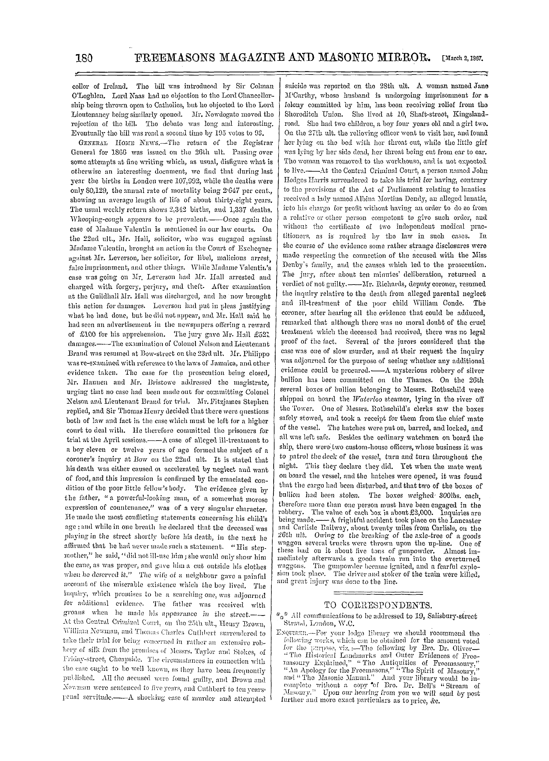 The Freemasons' Monthly Magazine: 1867-03-02 - The Week.
