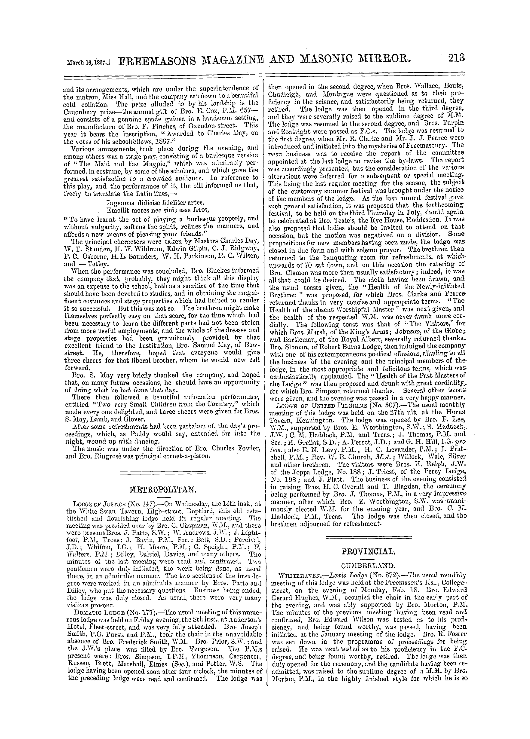 The Freemasons' Monthly Magazine: 1867-03-16 - Provincial.