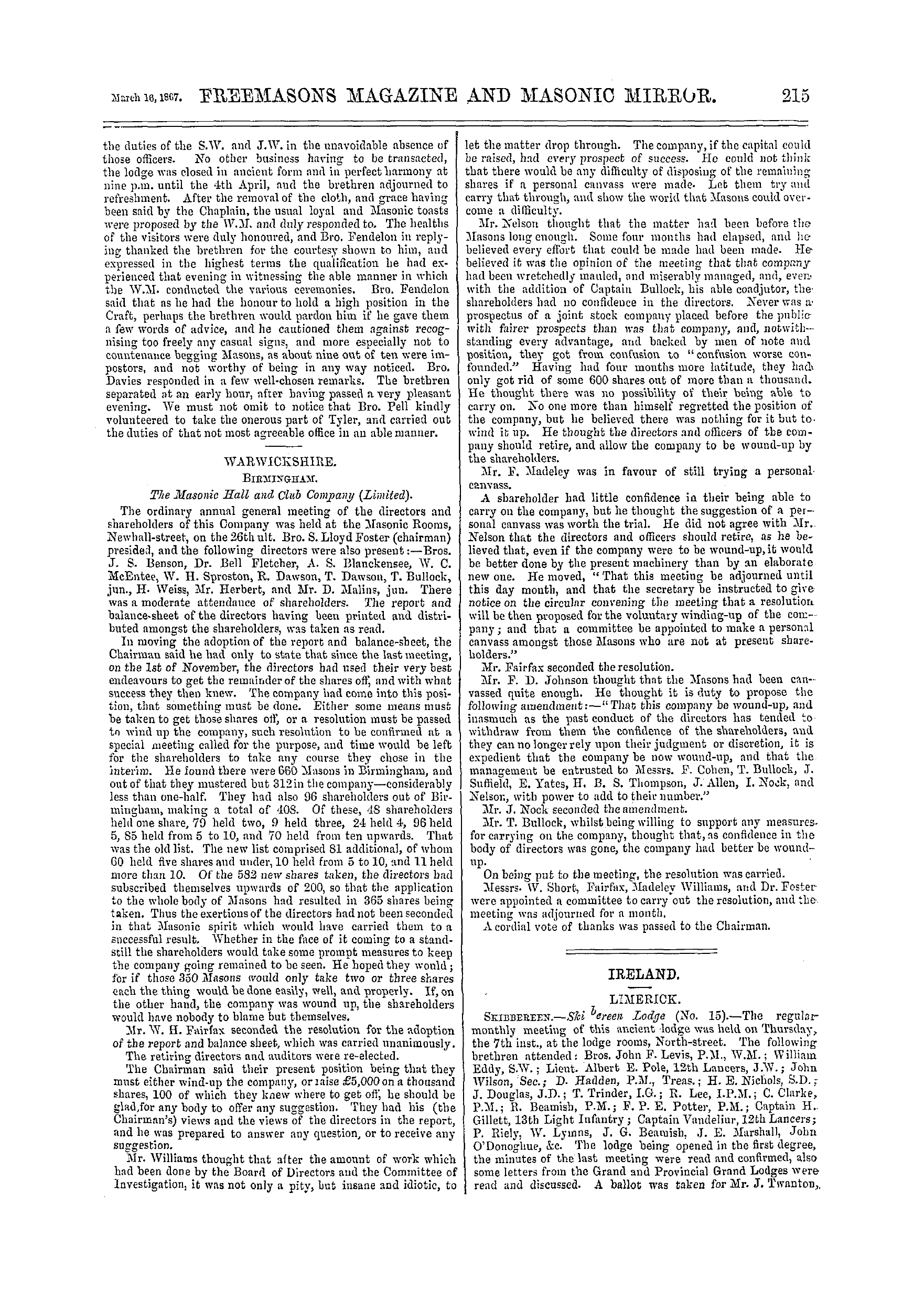 The Freemasons' Monthly Magazine: 1867-03-16 - Provincial.