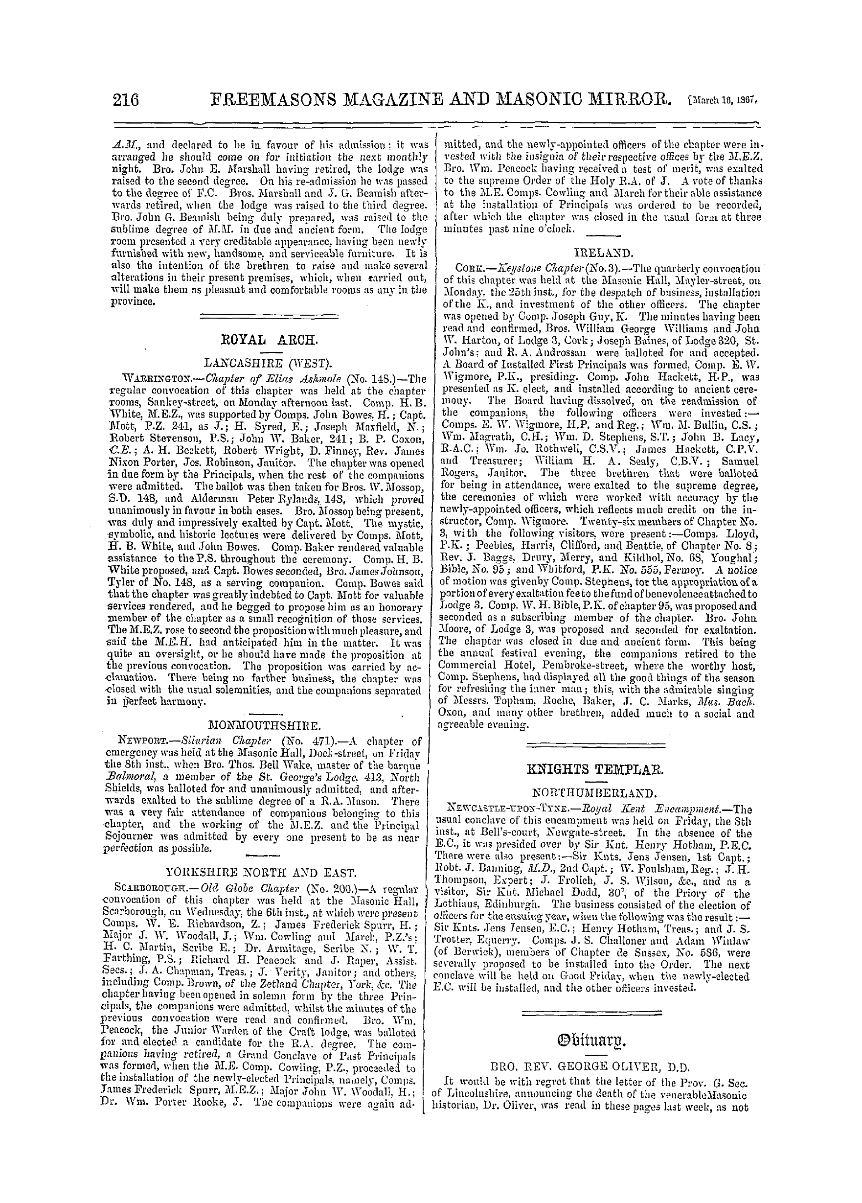 The Freemasons' Monthly Magazine: 1867-03-16 - Ireland.
