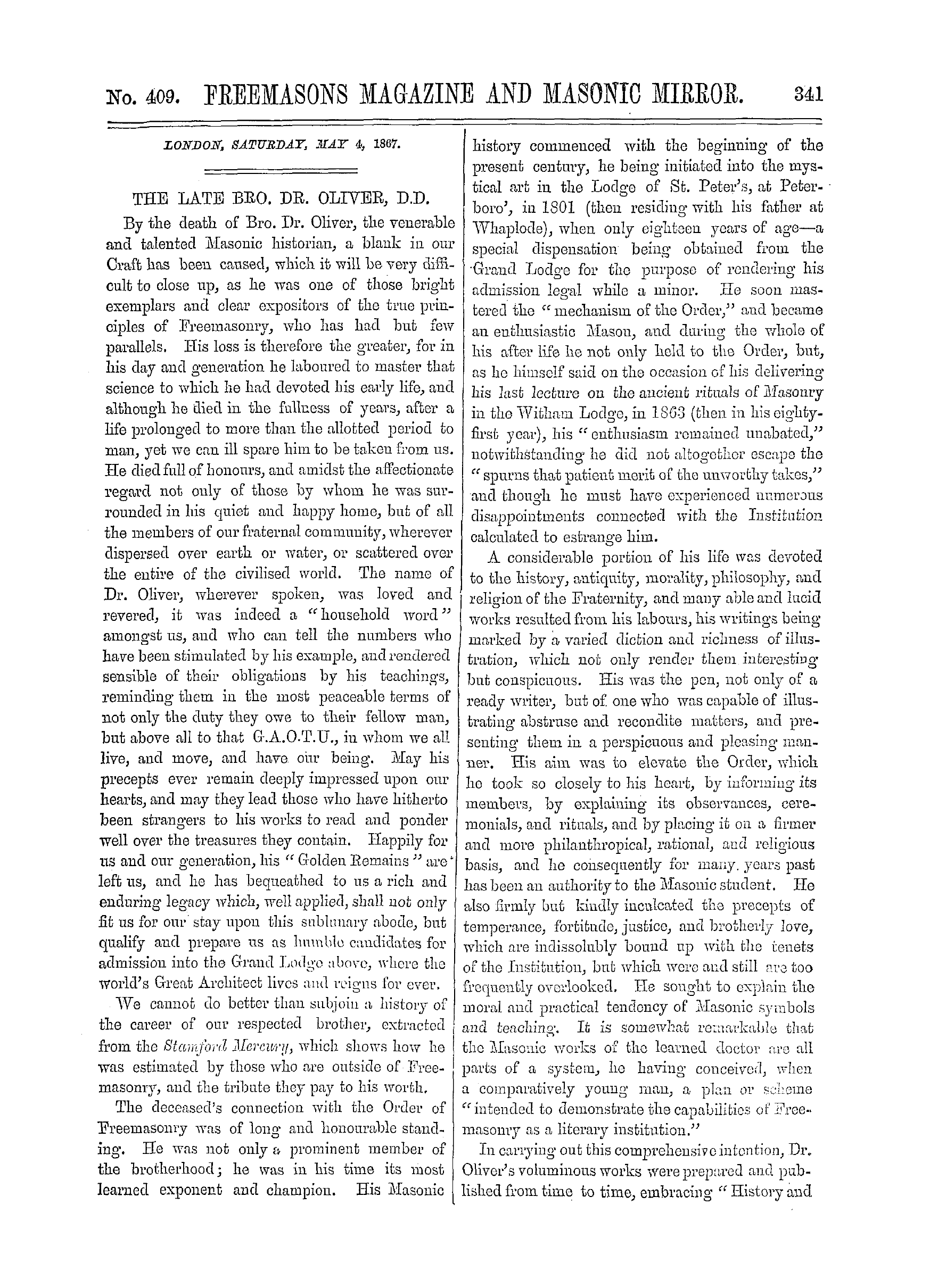 The Freemasons' Monthly Magazine: 1867-05-04 - The Late Bro. Dr. Oliver, D.D.