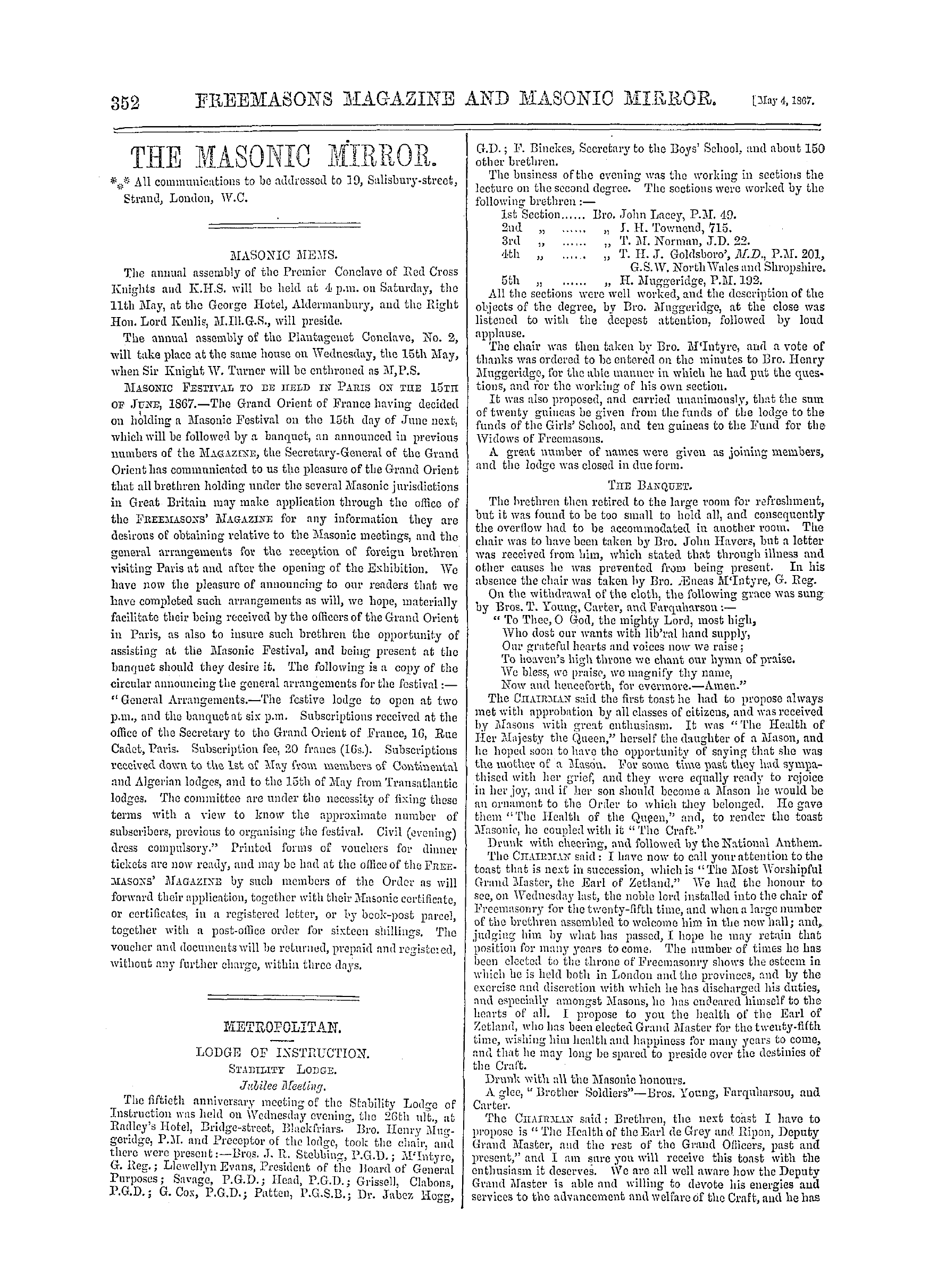 The Freemasons' Monthly Magazine: 1867-05-04 - Metropolitan.
