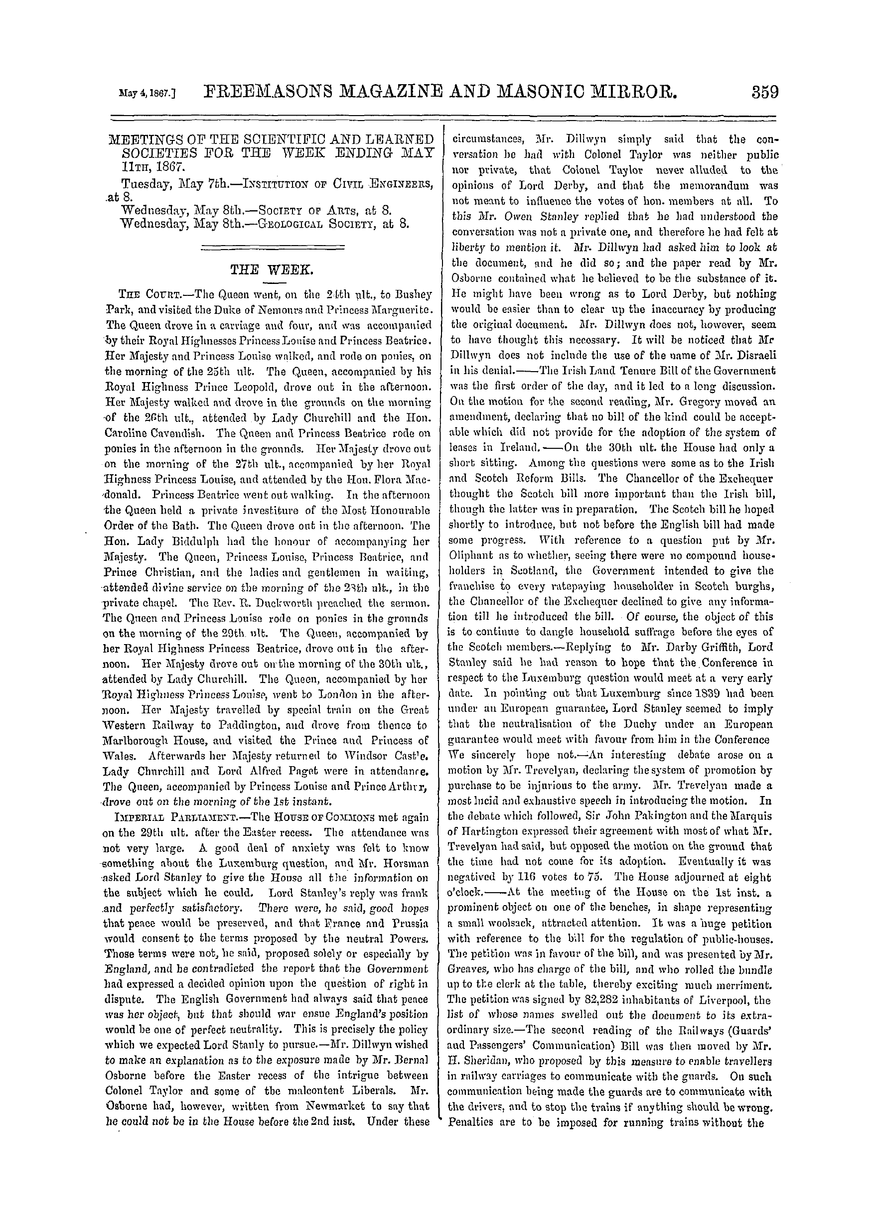 The Freemasons' Monthly Magazine: 1867-05-04 - The Week.