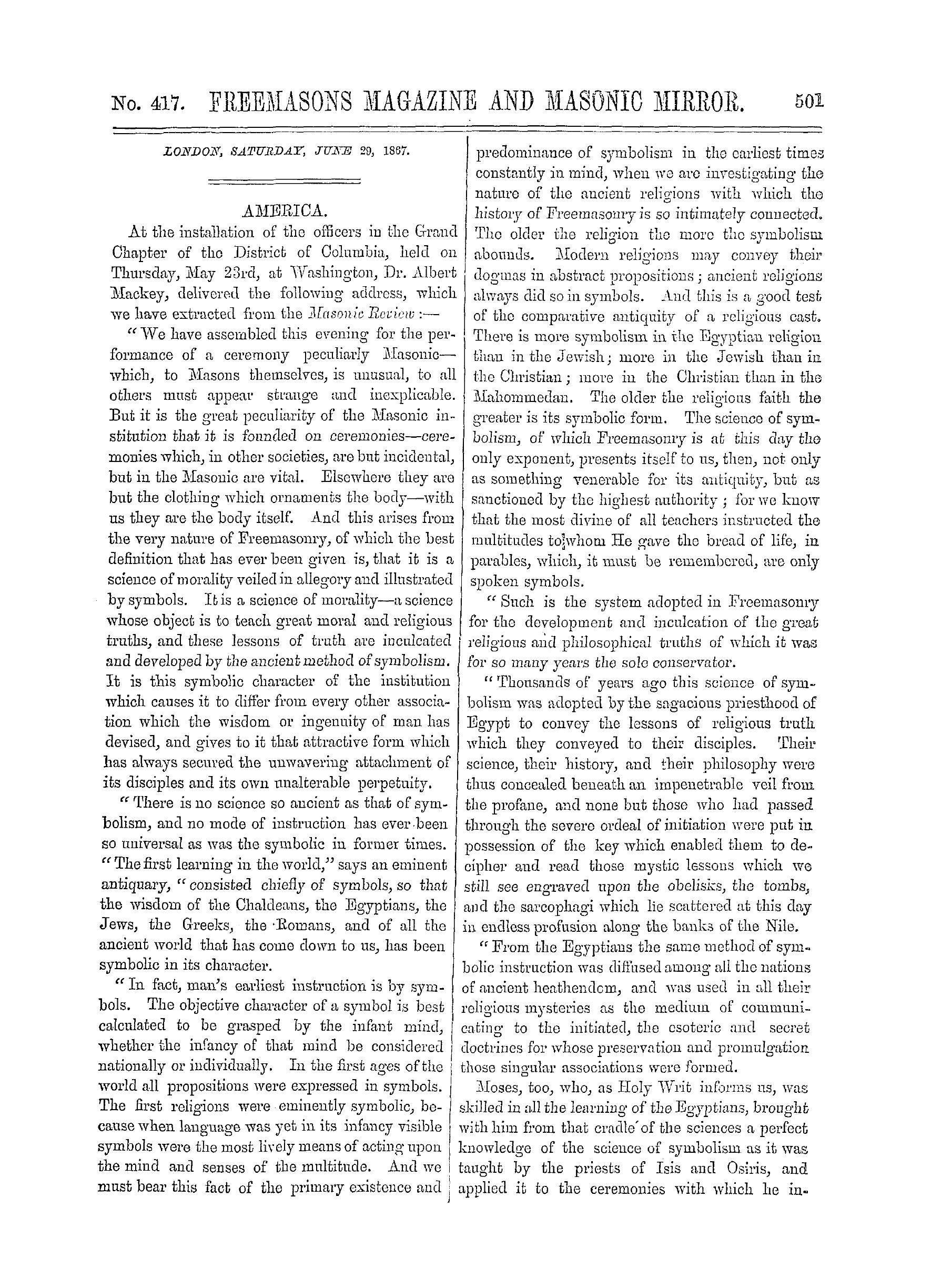 The Freemasons' Monthly Magazine: 1867-06-29 - America.