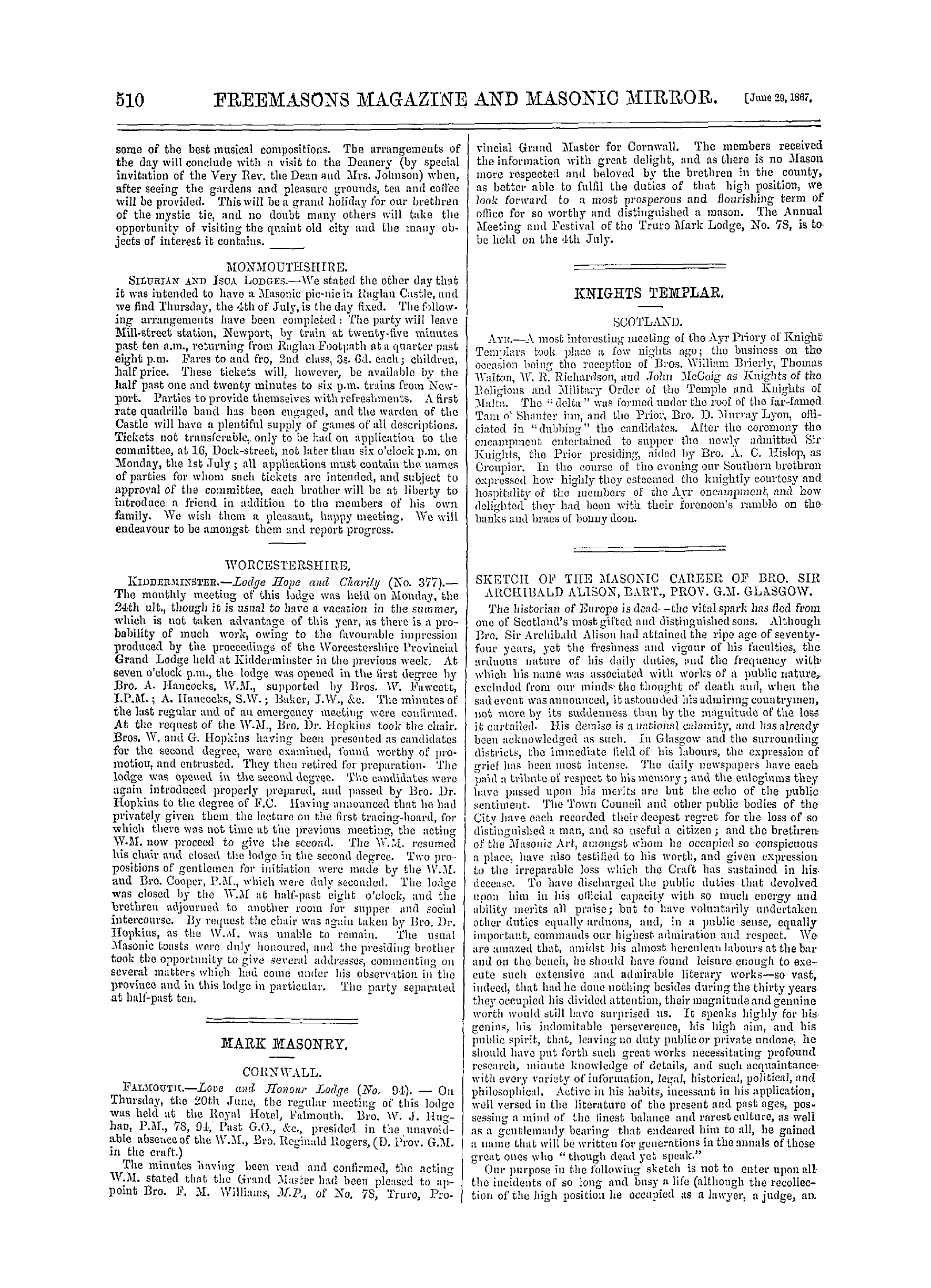 The Freemasons' Monthly Magazine: 1867-06-29 - Provincial.
