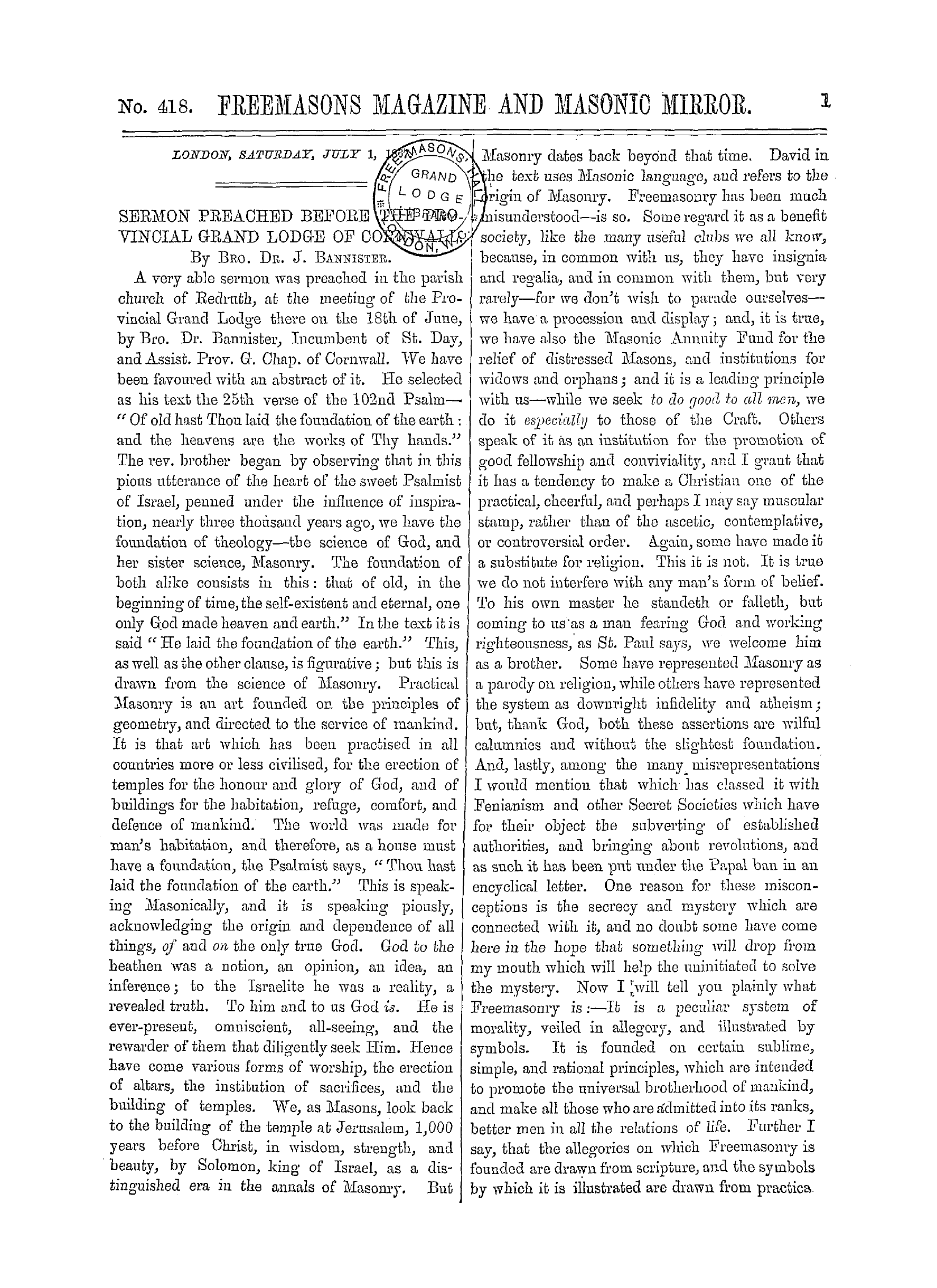 The Freemasons' Monthly Magazine: 1867-07-06 - Sermon Preached Before The Pro Vincial Grand Lodge Of Cornwall I