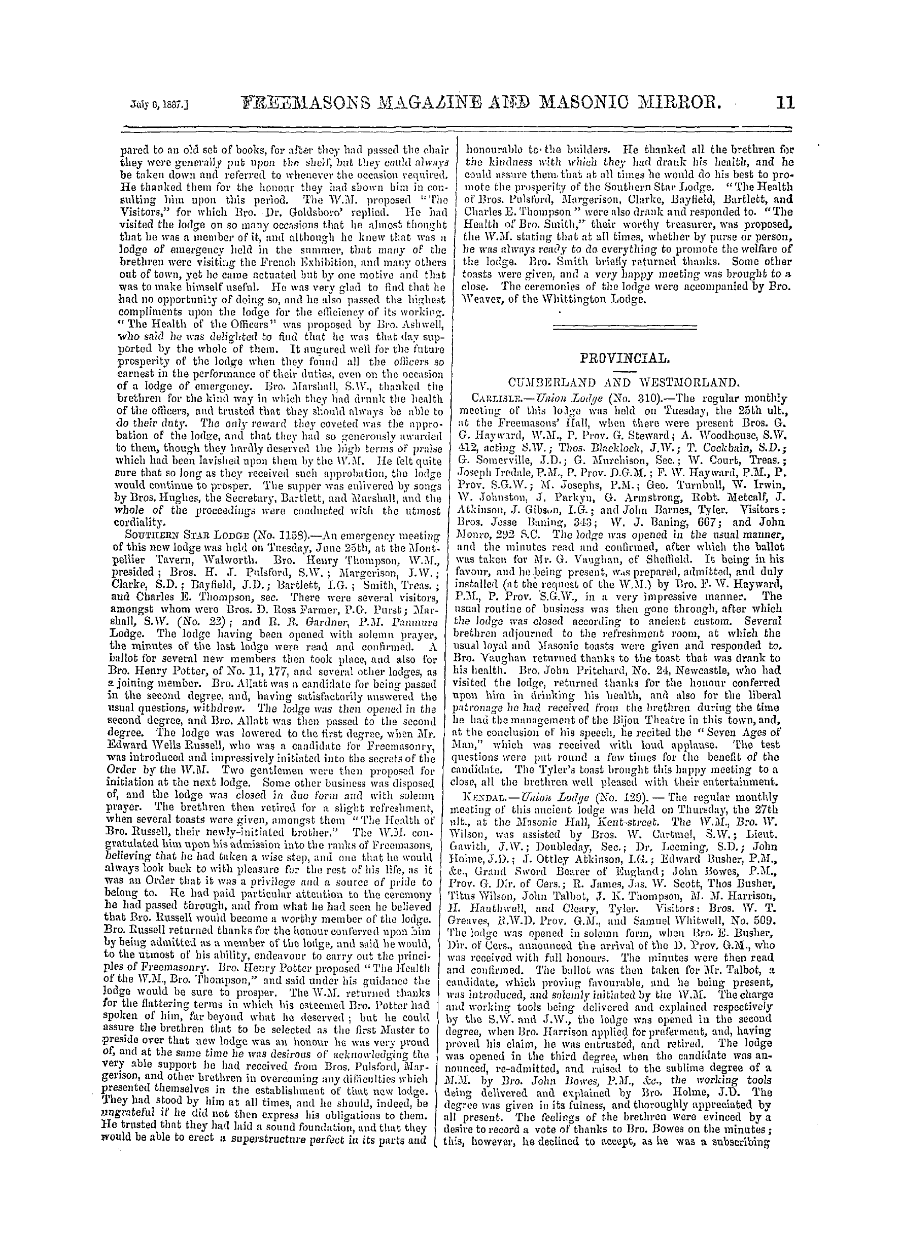 The Freemasons' Monthly Magazine: 1867-07-06 - Metropolitan.