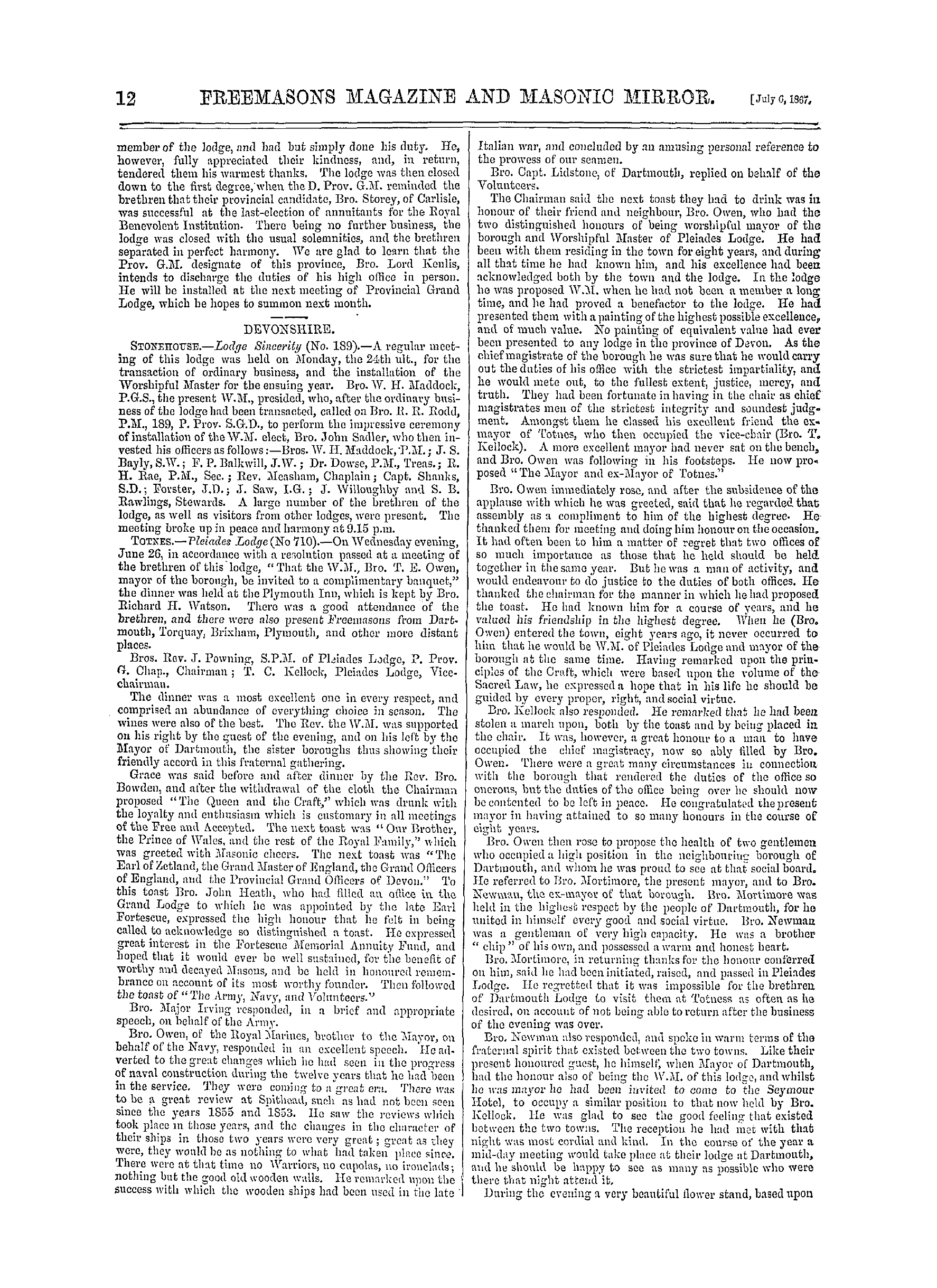 The Freemasons' Monthly Magazine: 1867-07-06 - Provincial.