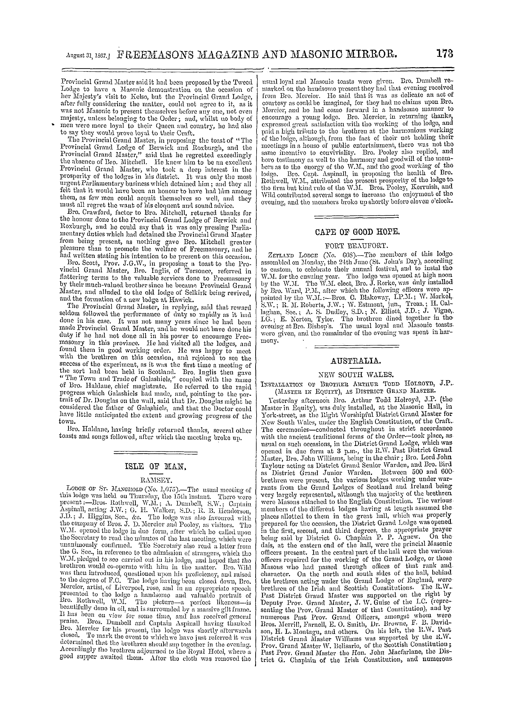 The Freemasons' Monthly Magazine: 1867-08-31 - Isle Of Han.