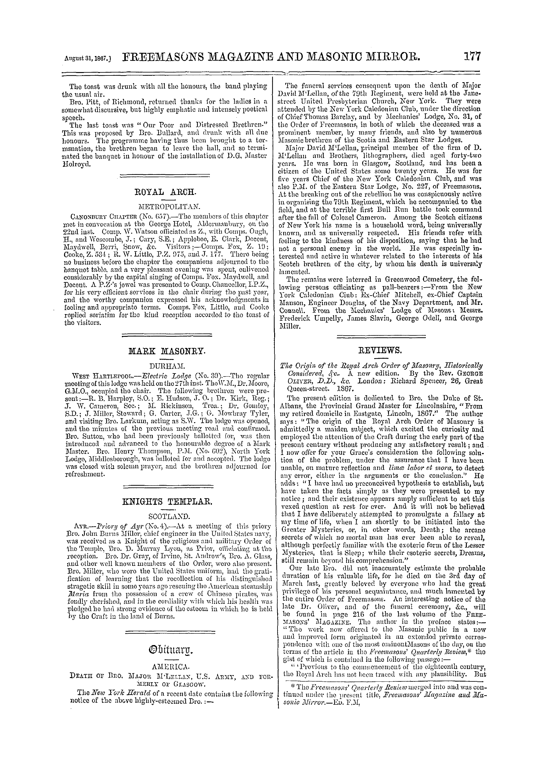 The Freemasons' Monthly Magazine: 1867-08-31 - Obituary.