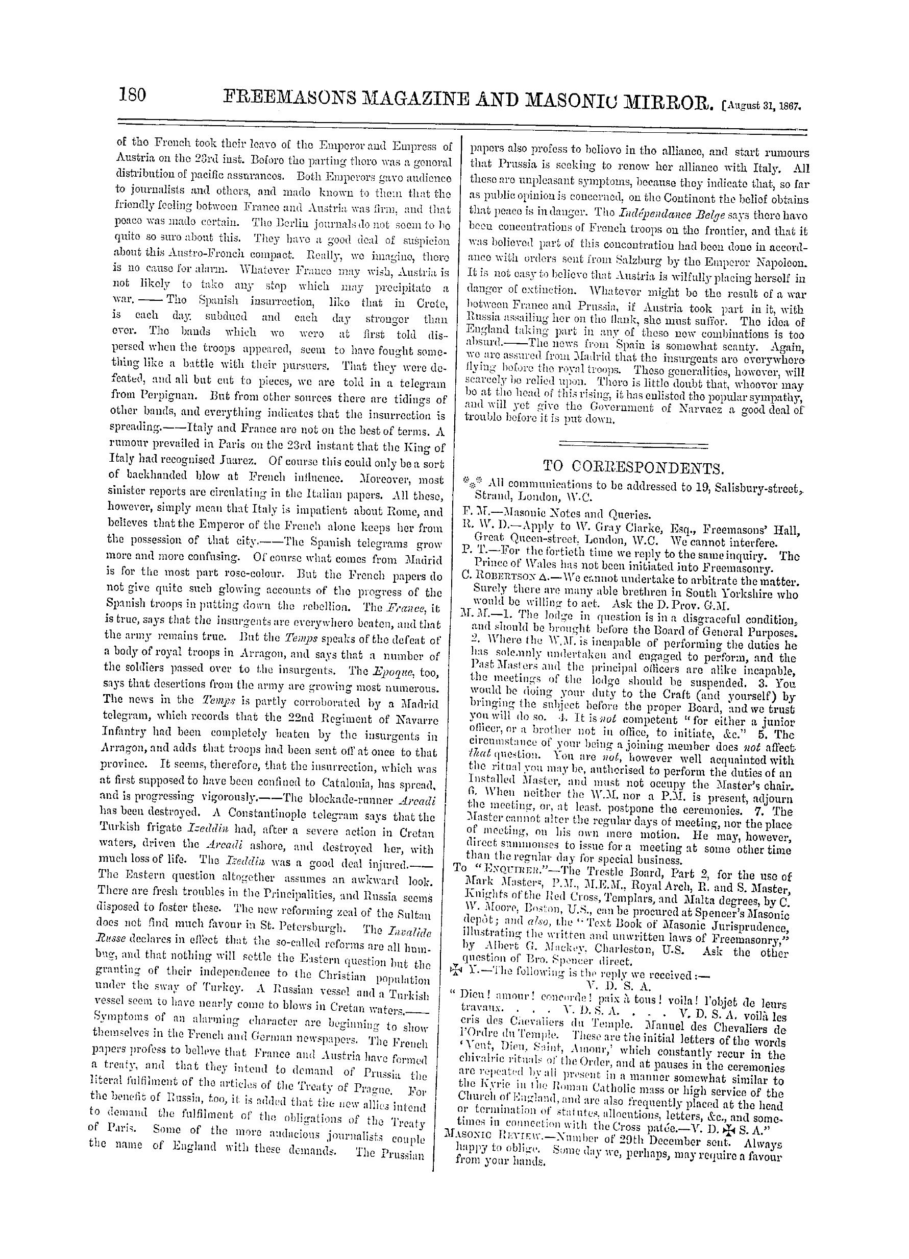 The Freemasons' Monthly Magazine: 1867-08-31 - The Week.