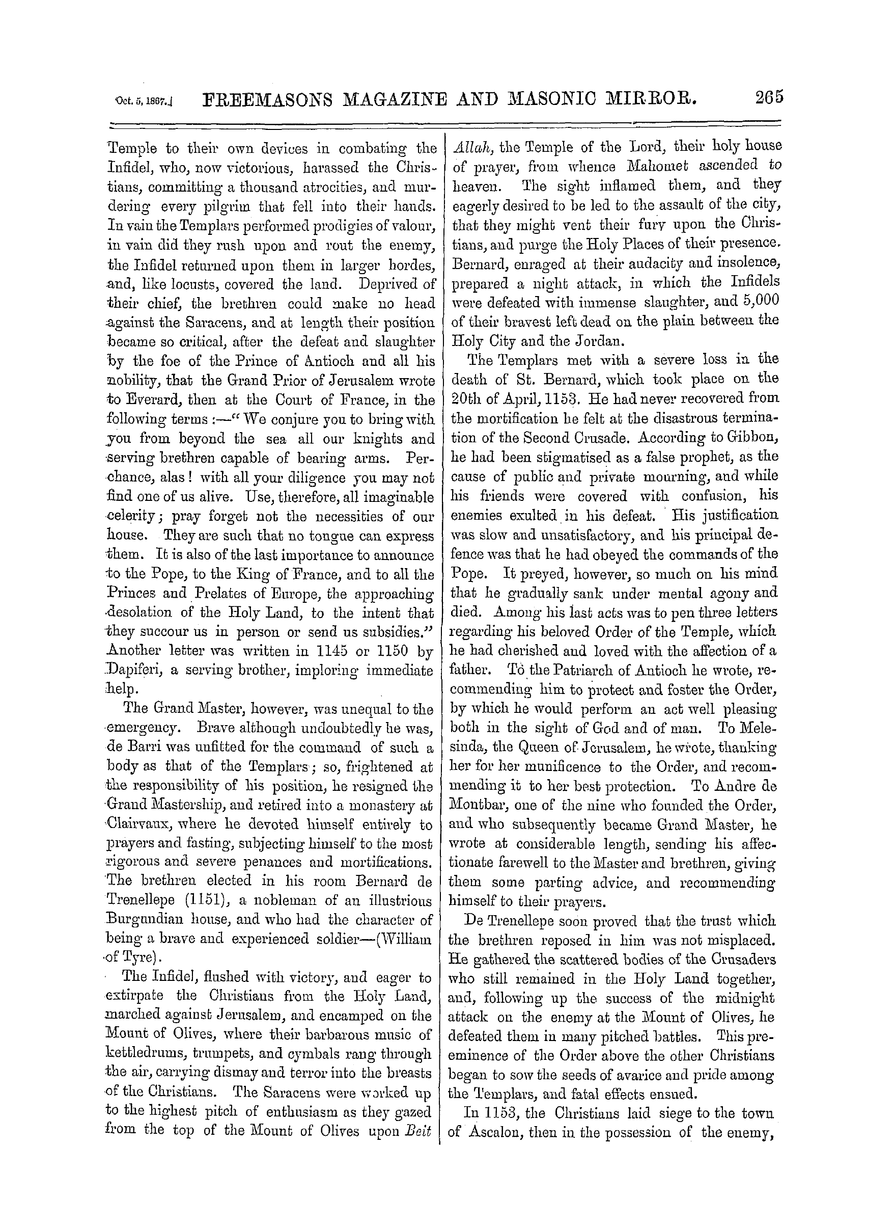 The Freemasons' Monthly Magazine: 1867-10-05 - The Knights Templars.