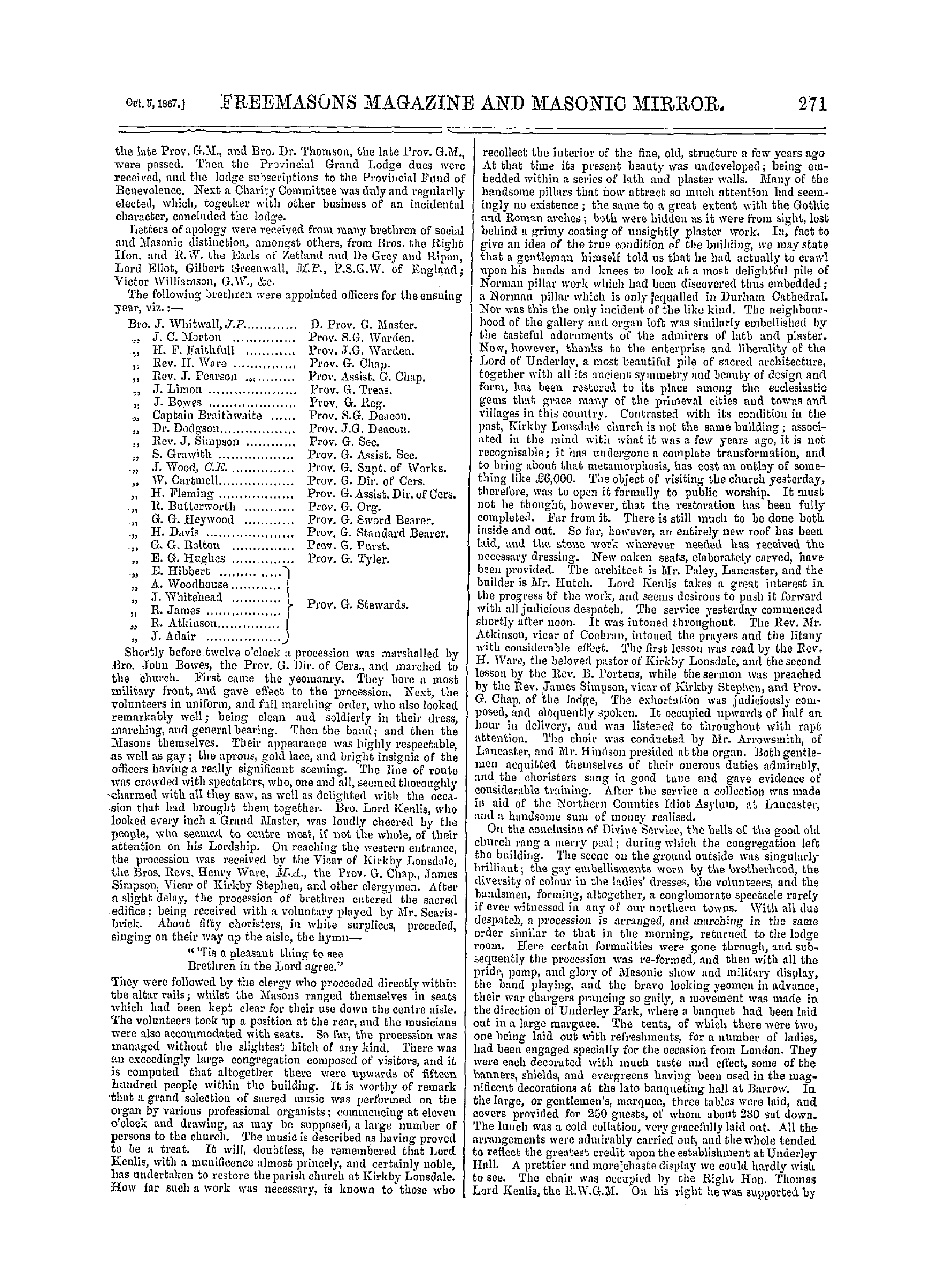 The Freemasons' Monthly Magazine: 1867-10-05 - Provincial.