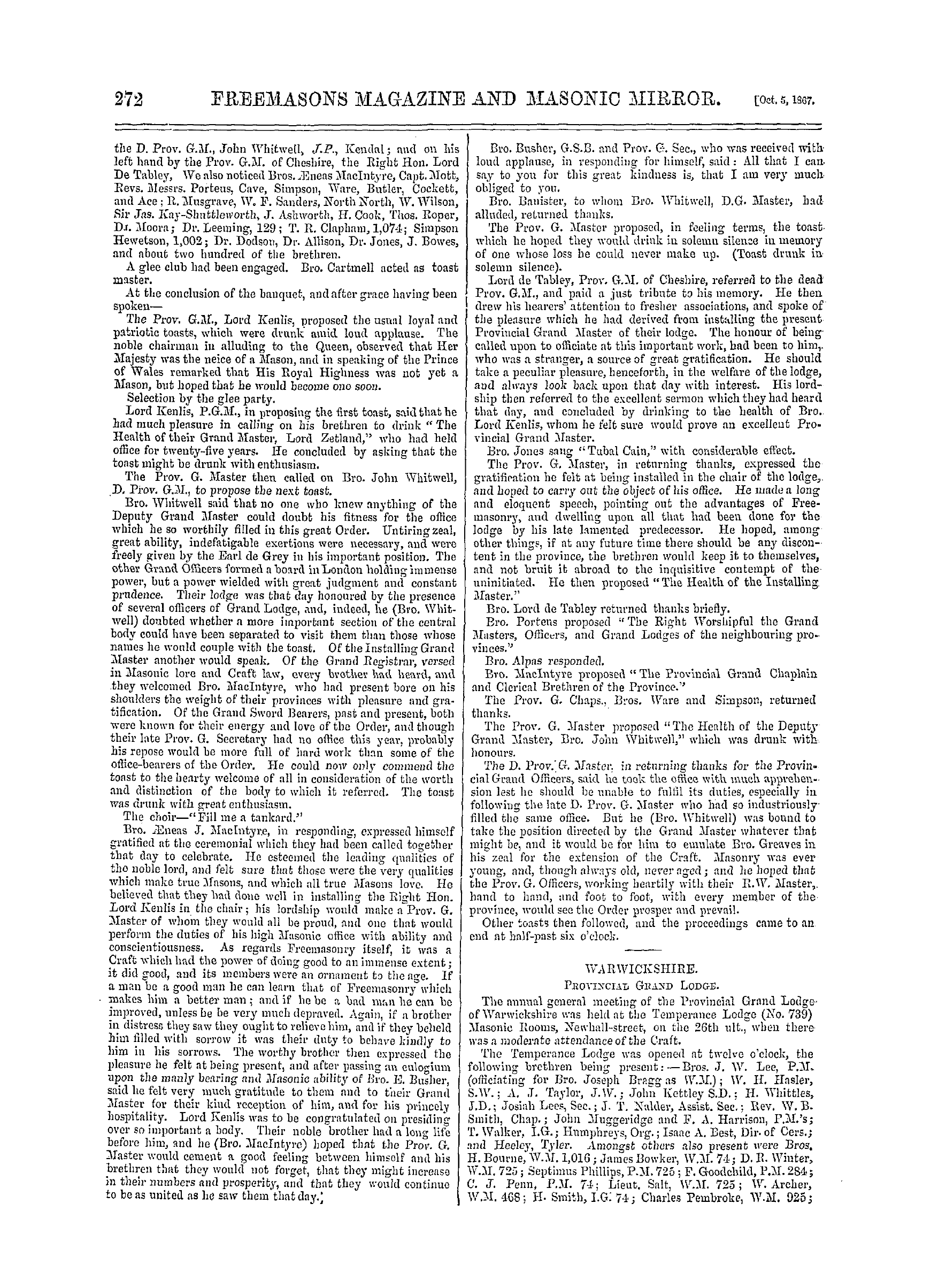 The Freemasons' Monthly Magazine: 1867-10-05 - Provincial.