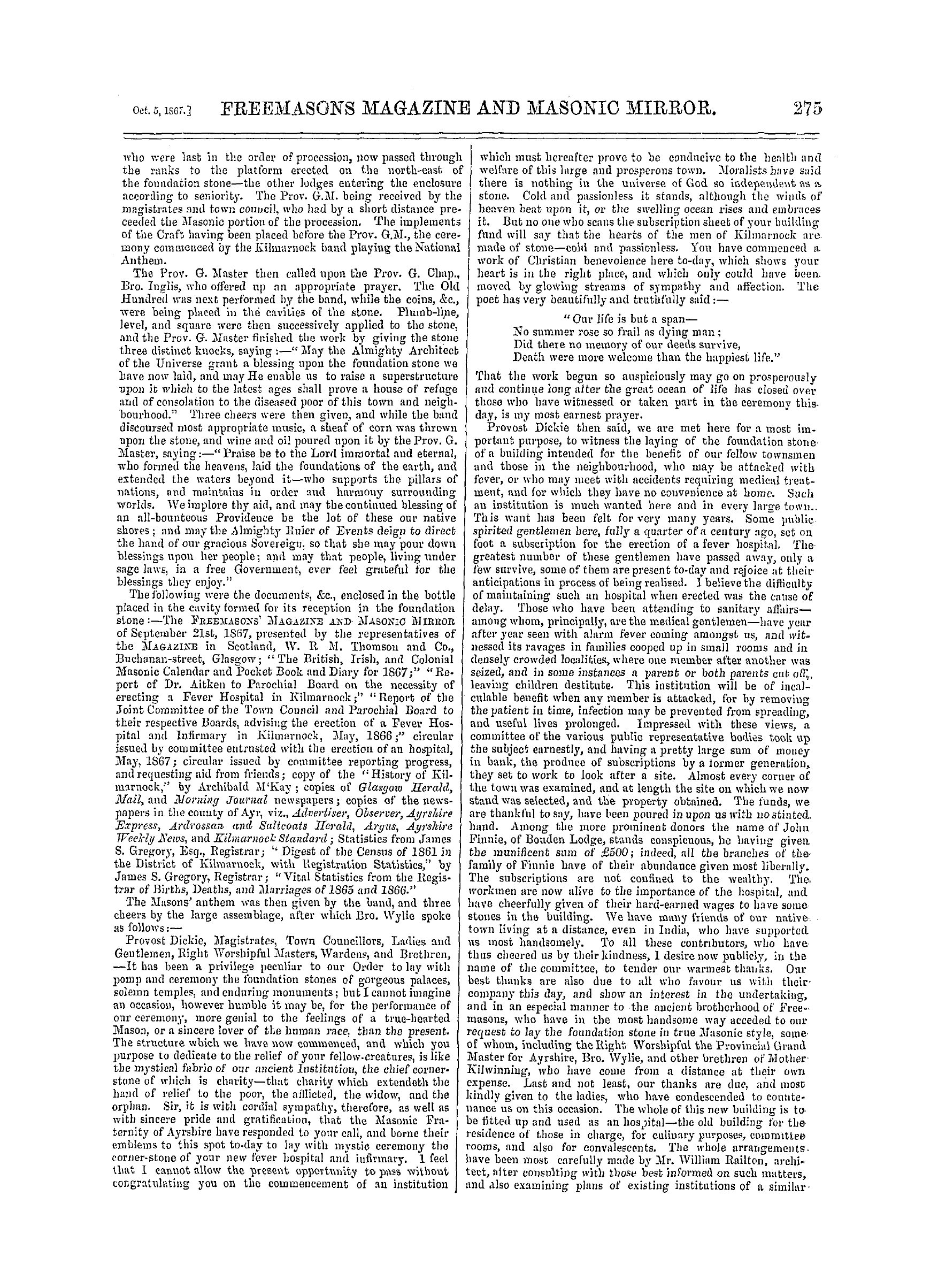 The Freemasons' Monthly Magazine: 1867-10-05 - Scotland.