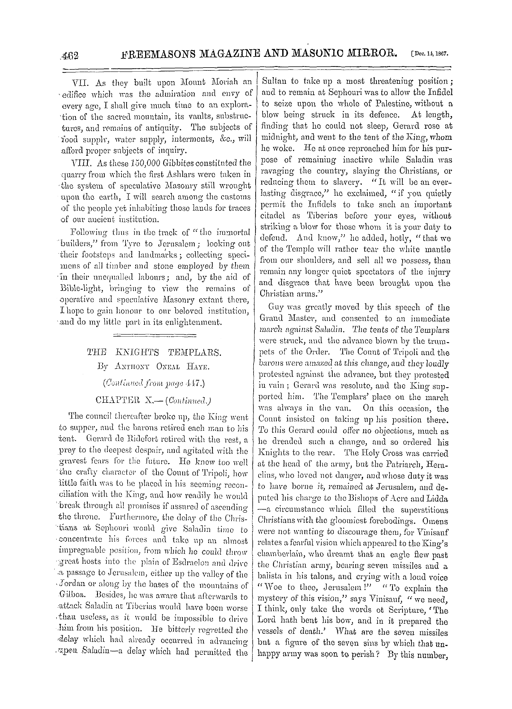The Freemasons' Monthly Magazine: 1867-12-14 - The Knights Templars.