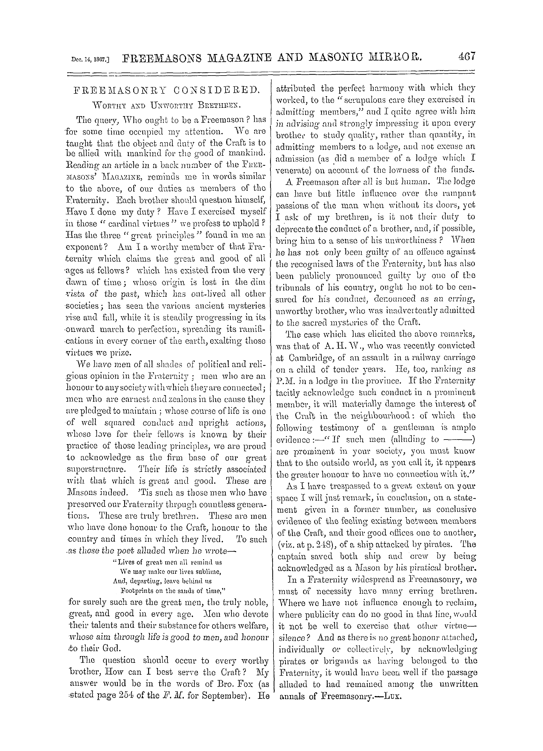The Freemasons' Monthly Magazine: 1867-12-14: 7
