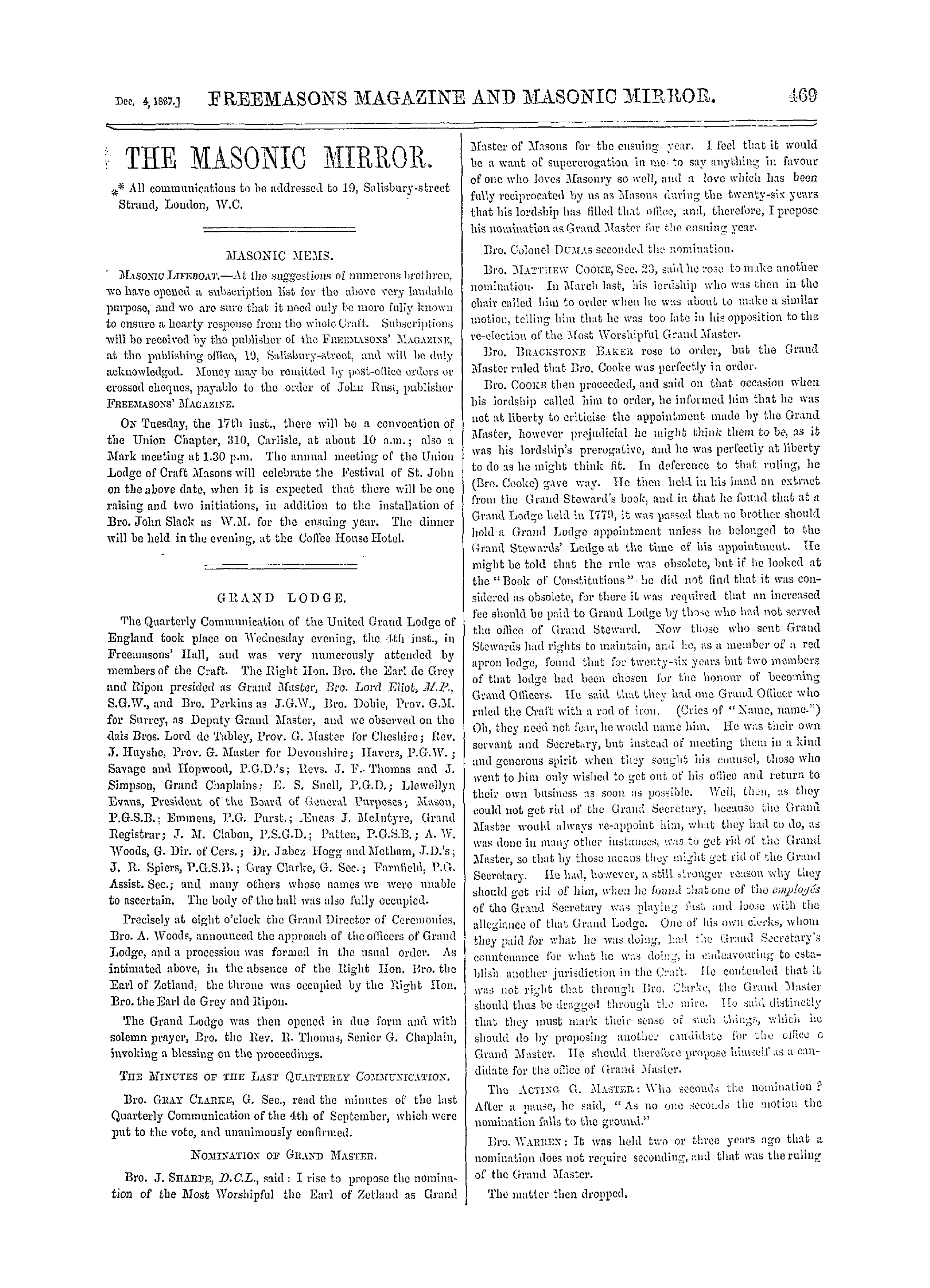 The Freemasons' Monthly Magazine: 1867-12-14 - Grand Lodge.