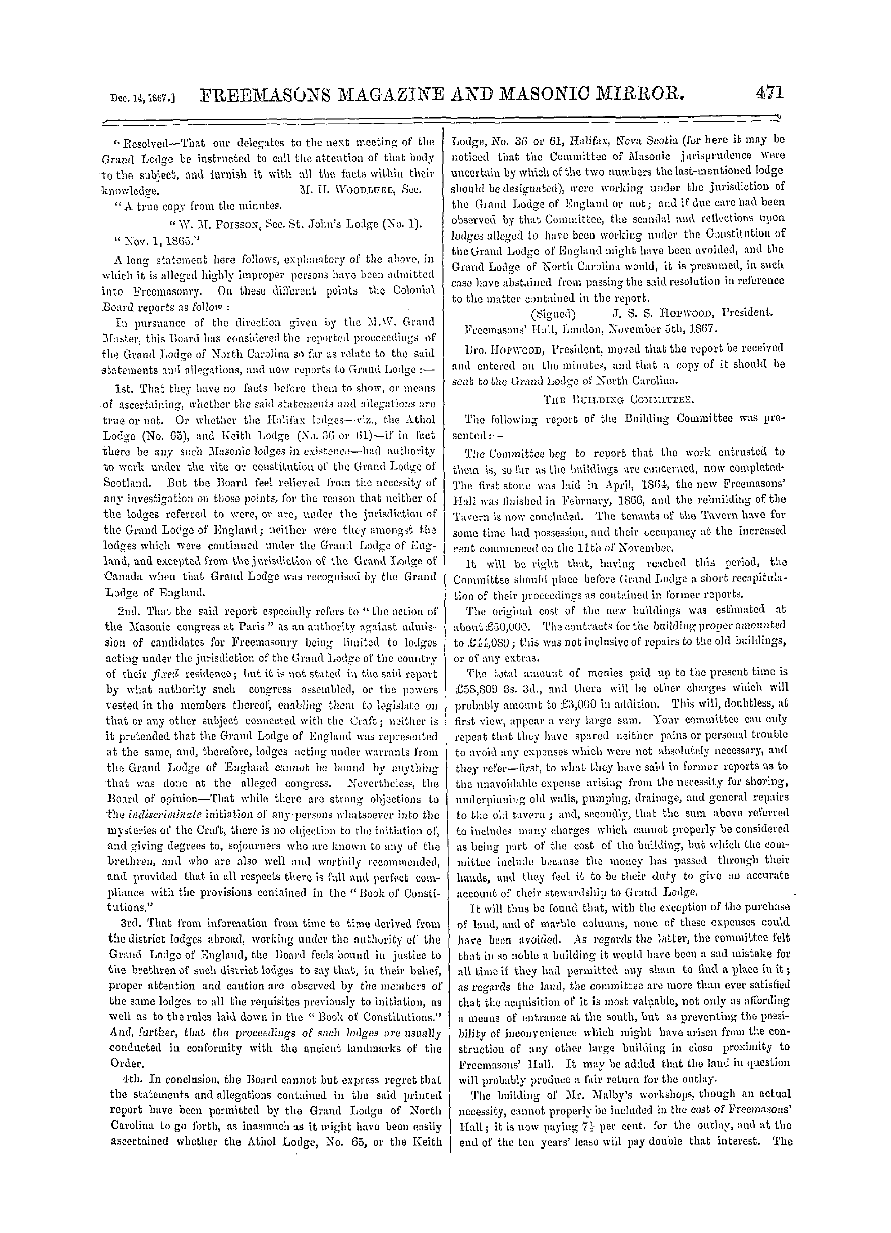 The Freemasons' Monthly Magazine: 1867-12-14 - Grand Lodge.