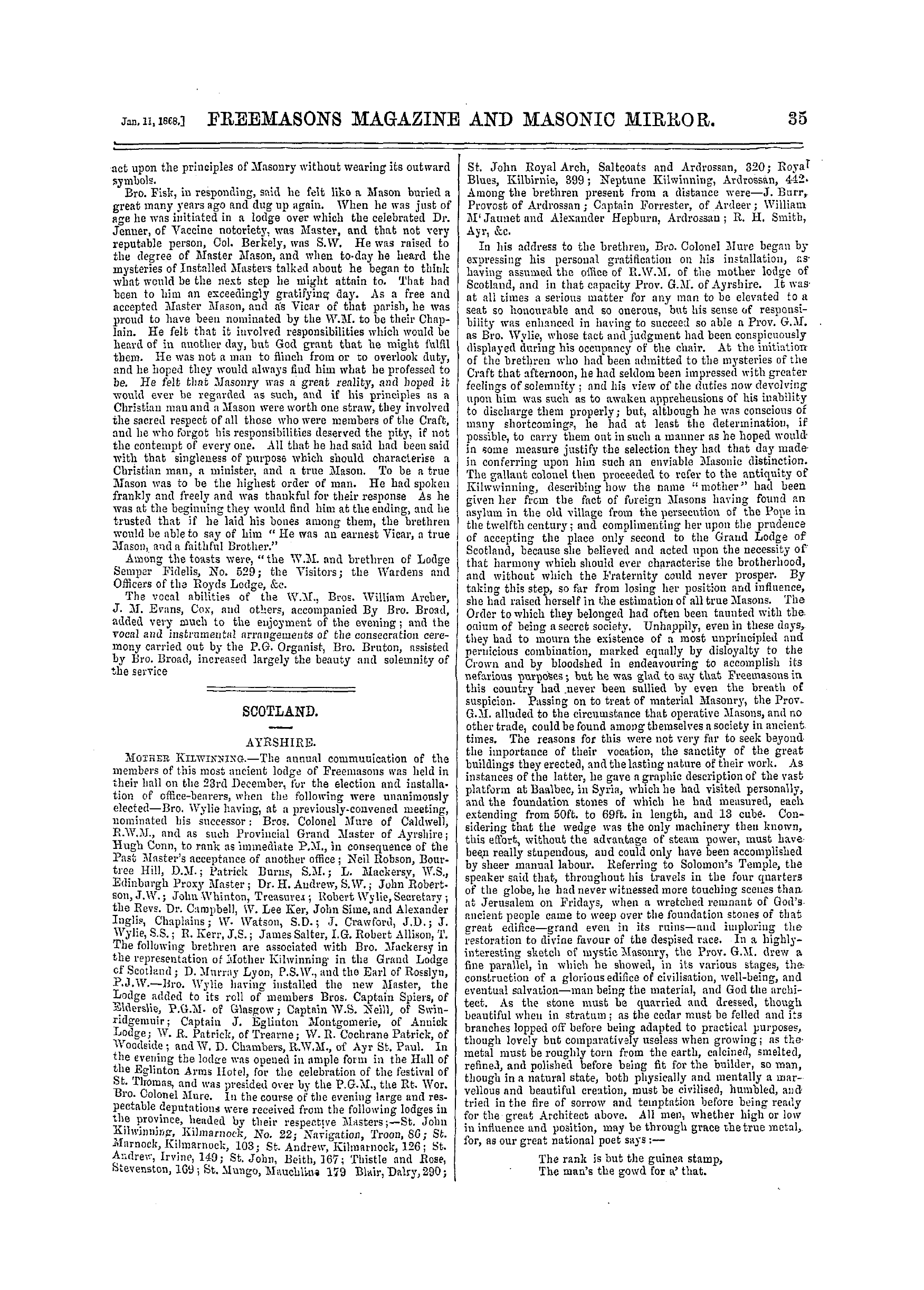 The Freemasons' Monthly Magazine: 1868-01-11 - Masonic Mems.