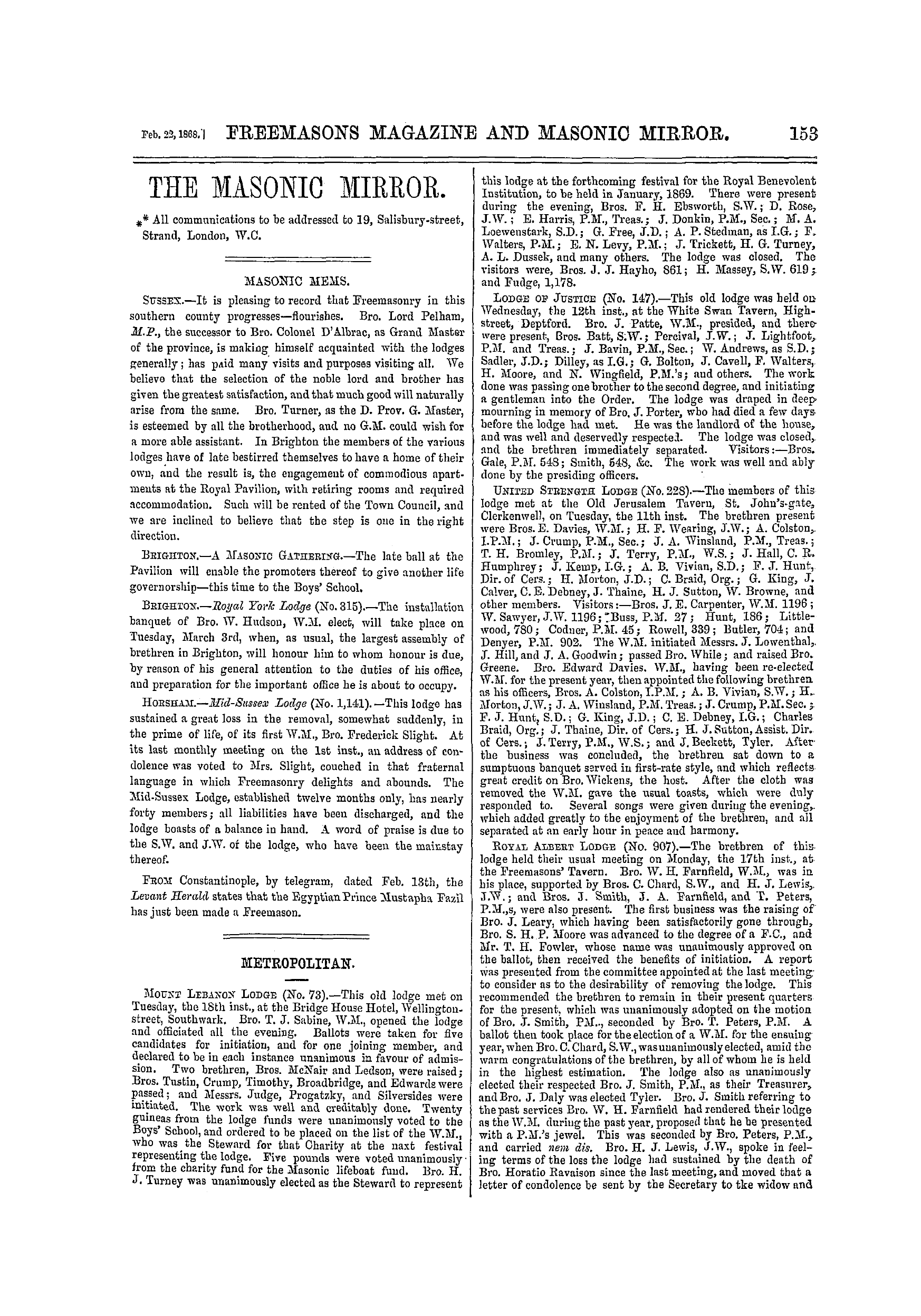 The Freemasons' Monthly Magazine: 1868-02-22 - Metropolitan.