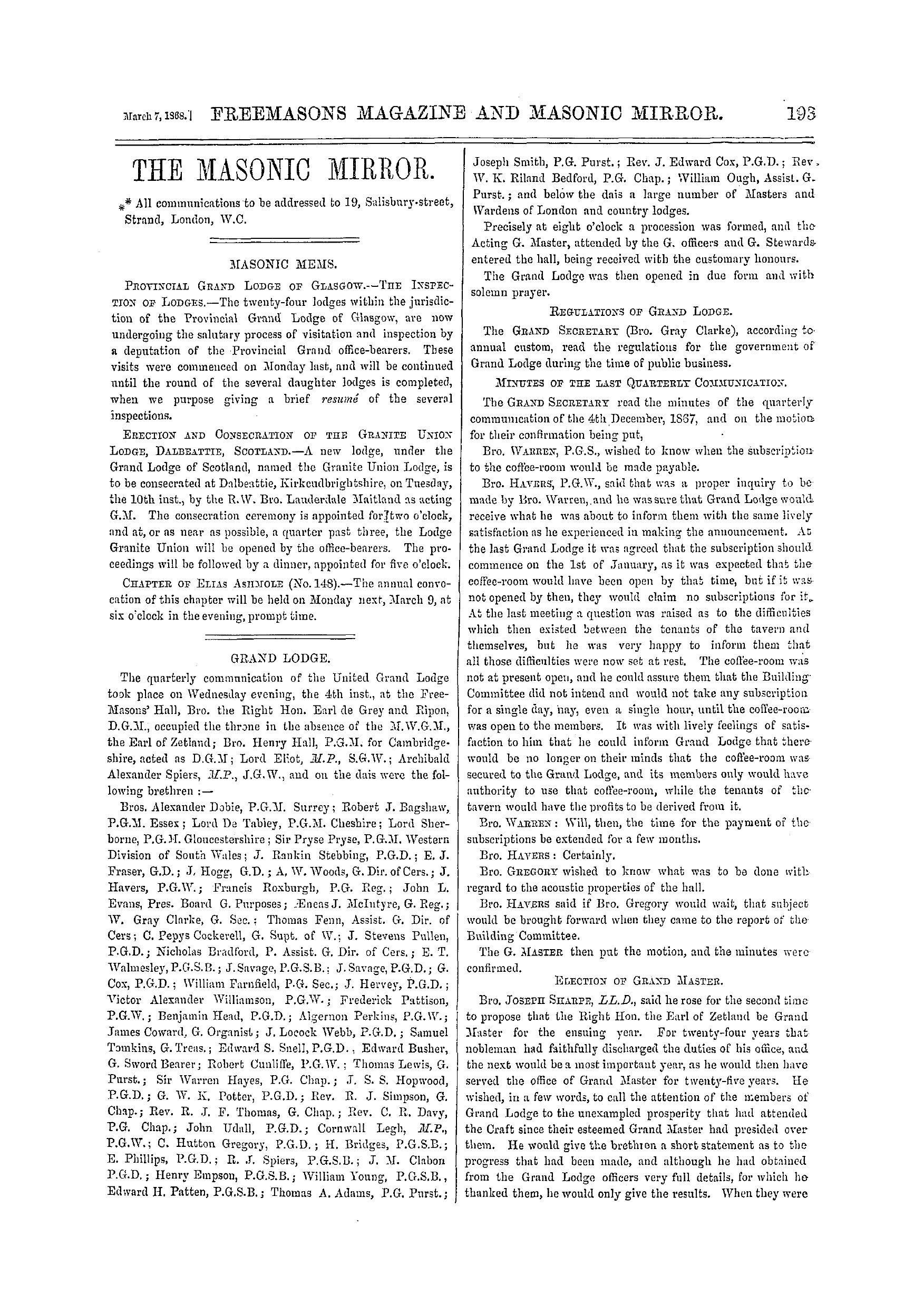 The Freemasons' Monthly Magazine: 1868-03-07 - Grand Lodge.