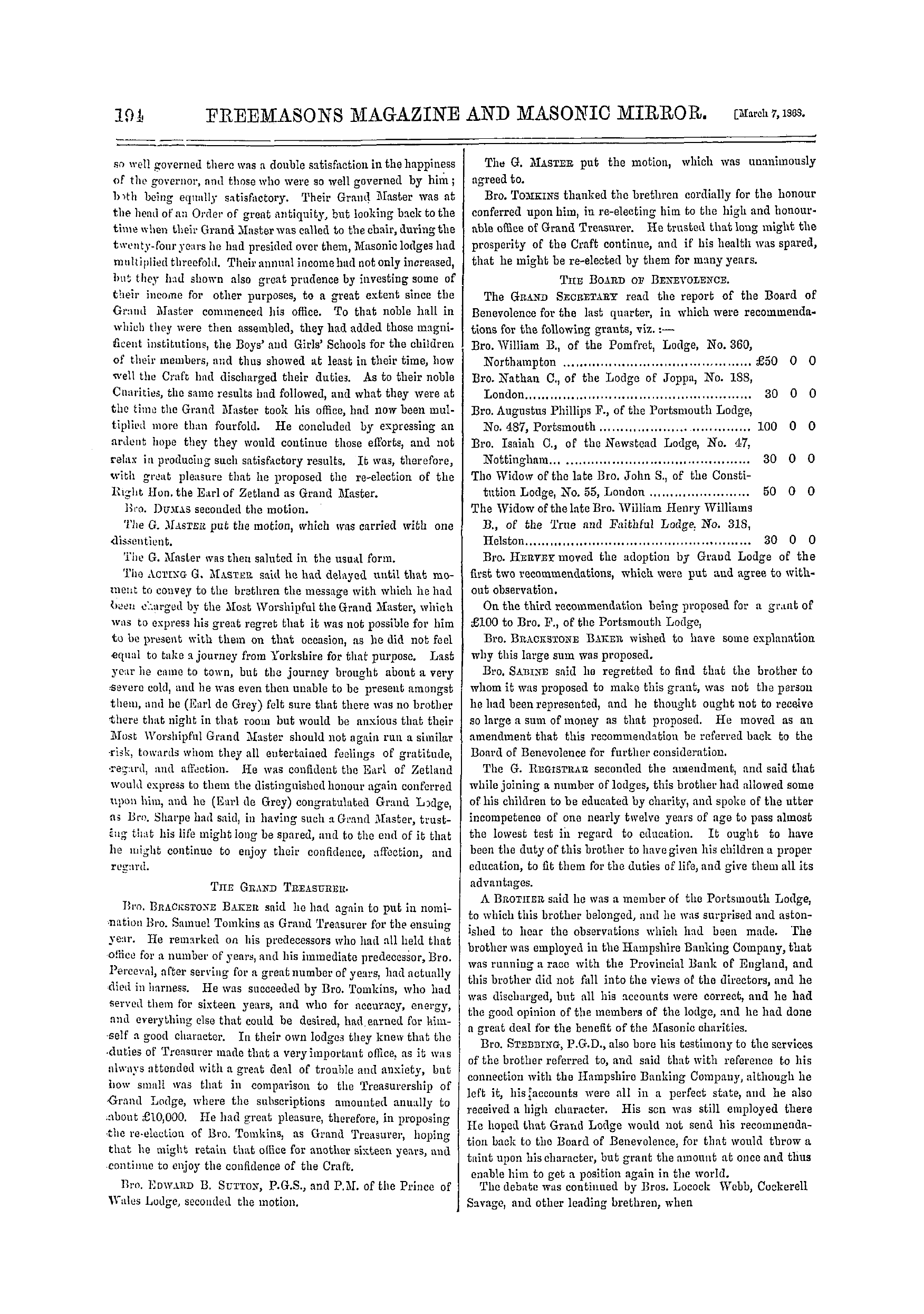 The Freemasons' Monthly Magazine: 1868-03-07 - Grand Lodge.