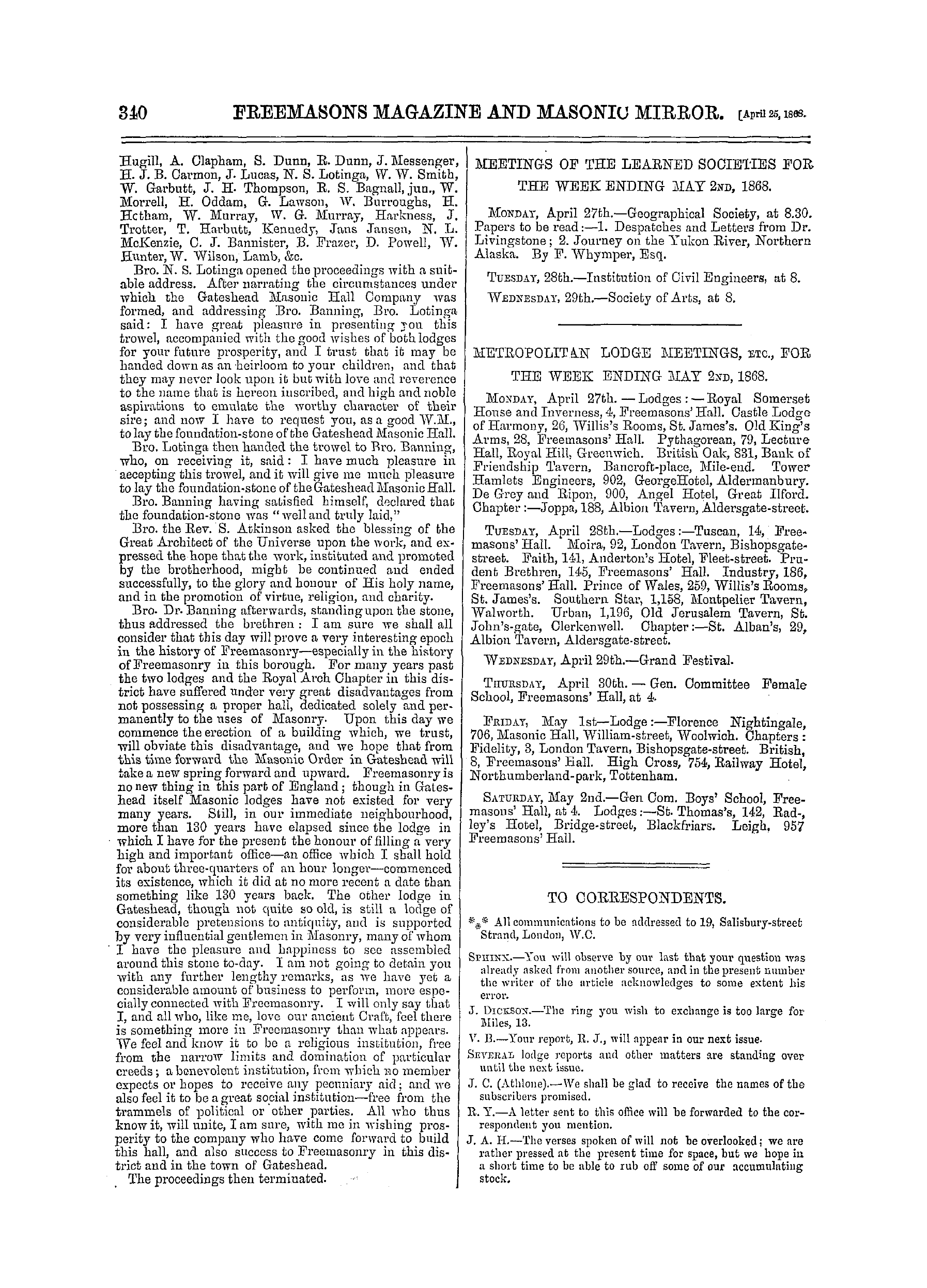 The Freemasons' Monthly Magazine: 1868-04-25: 20