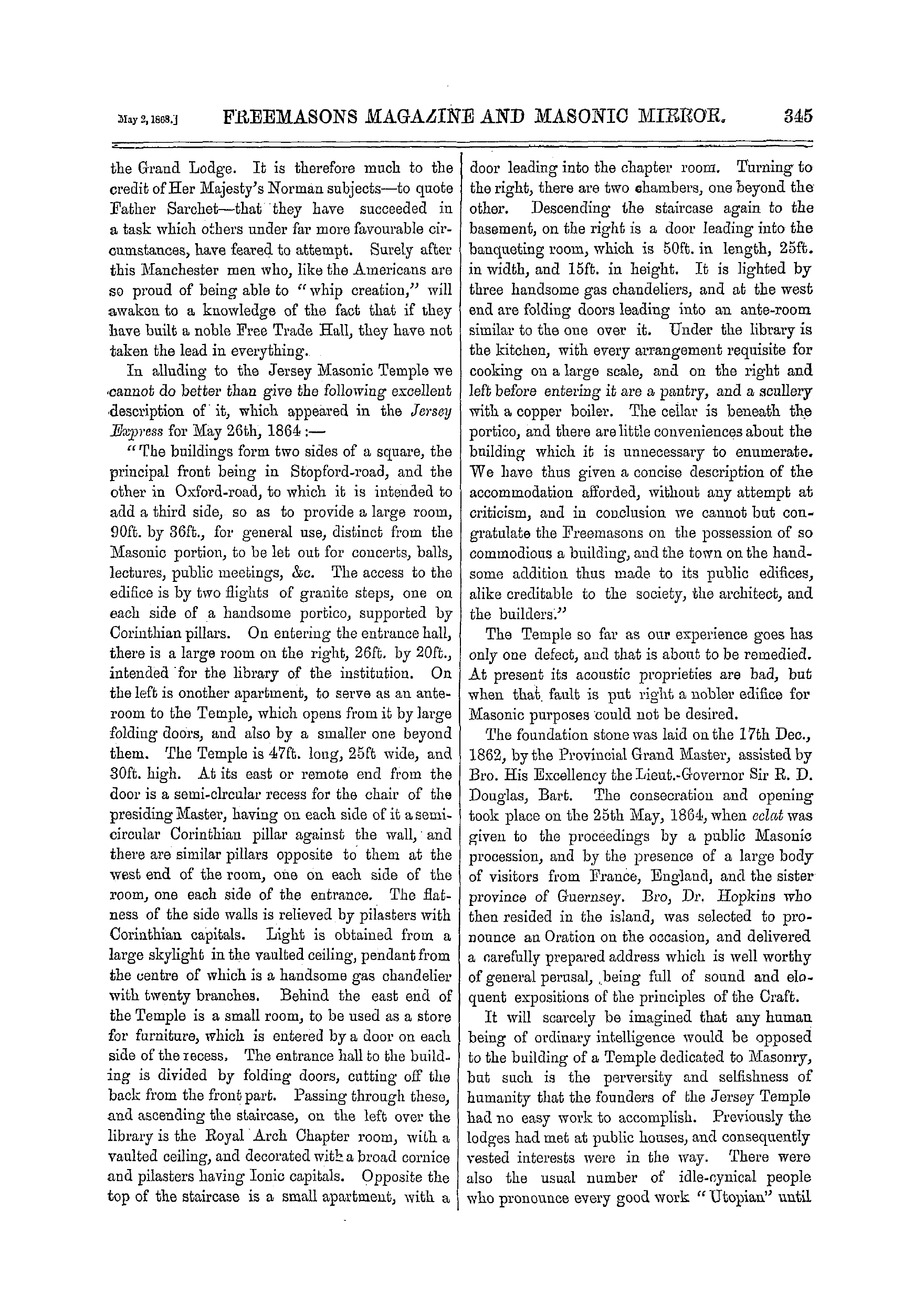 The Freemasons' Monthly Magazine: 1868-05-02 - (No. 7).—The Masonic Temple, St. Helier.