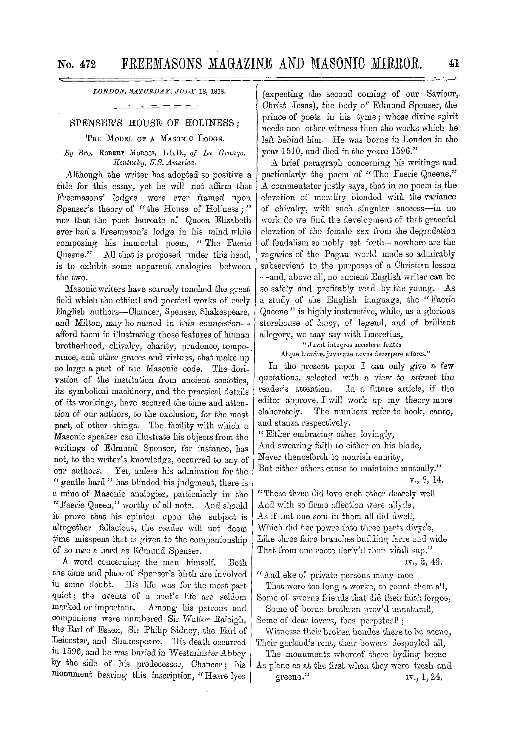 The Freemasons' Monthly Magazine: 1868-07-18 - Spenser's House Of Holiness;