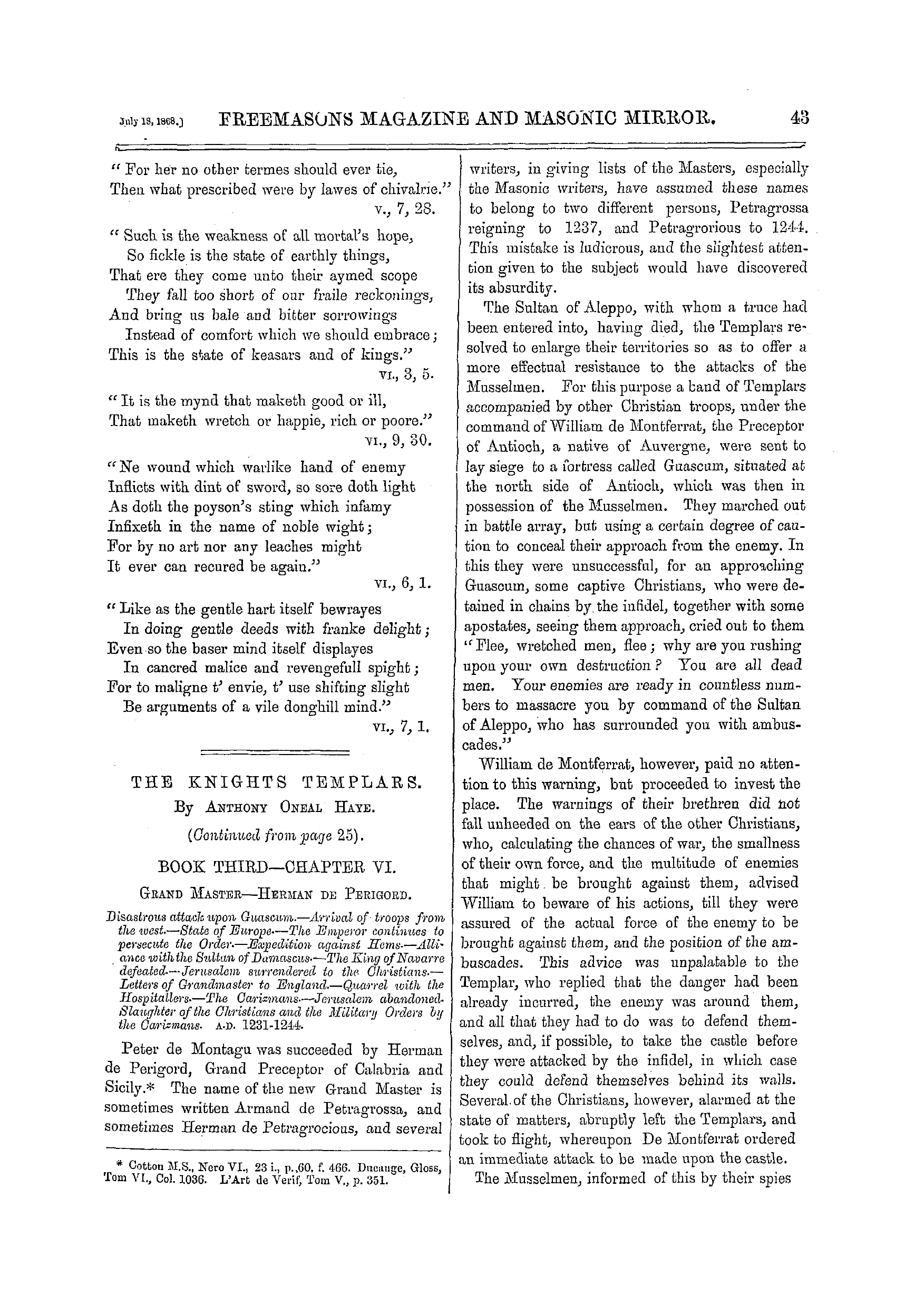 The Freemasons' Monthly Magazine: 1868-07-18 - Spenser's House Of Holiness;