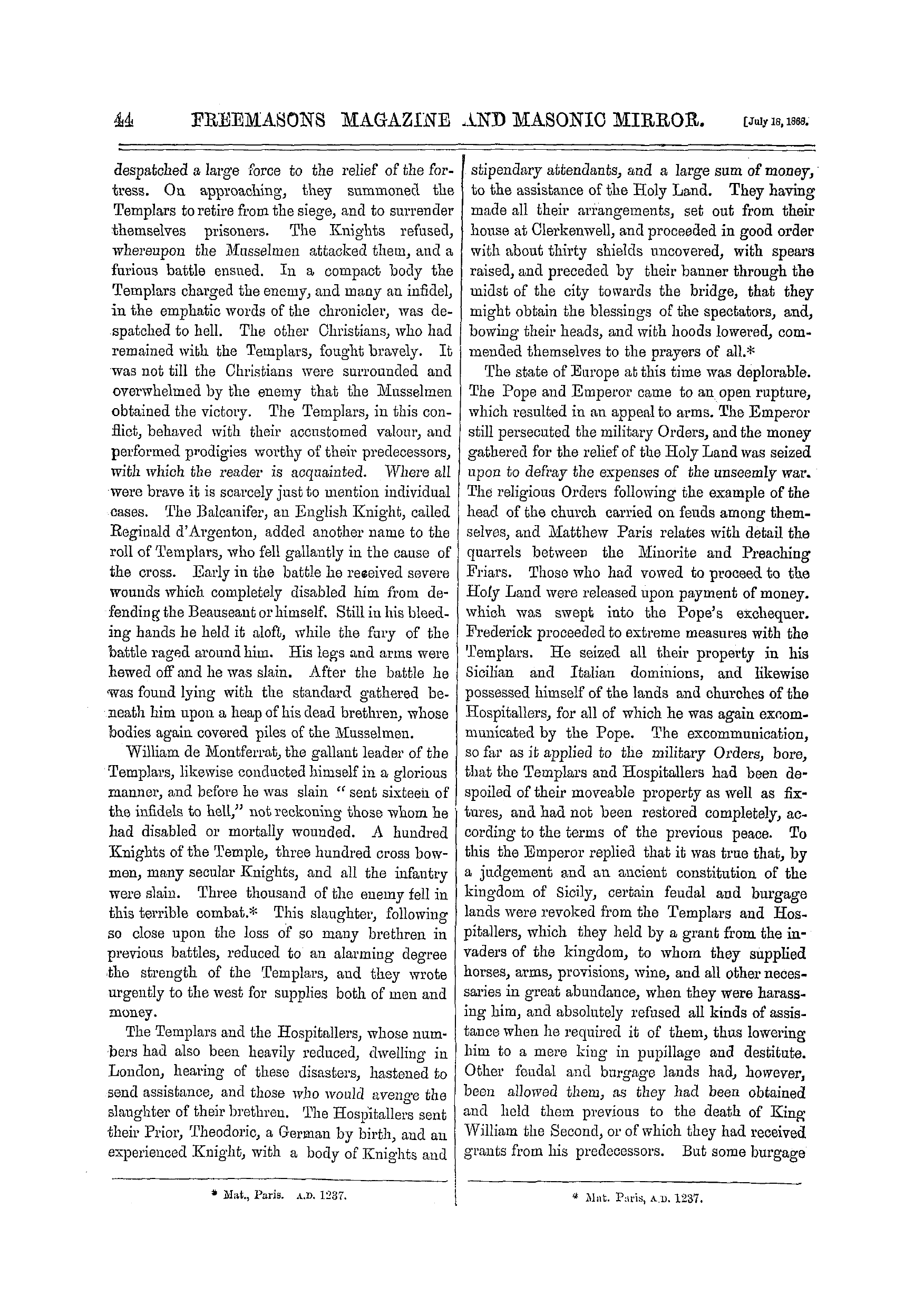 The Freemasons' Monthly Magazine: 1868-07-18 - The Knights Templars.