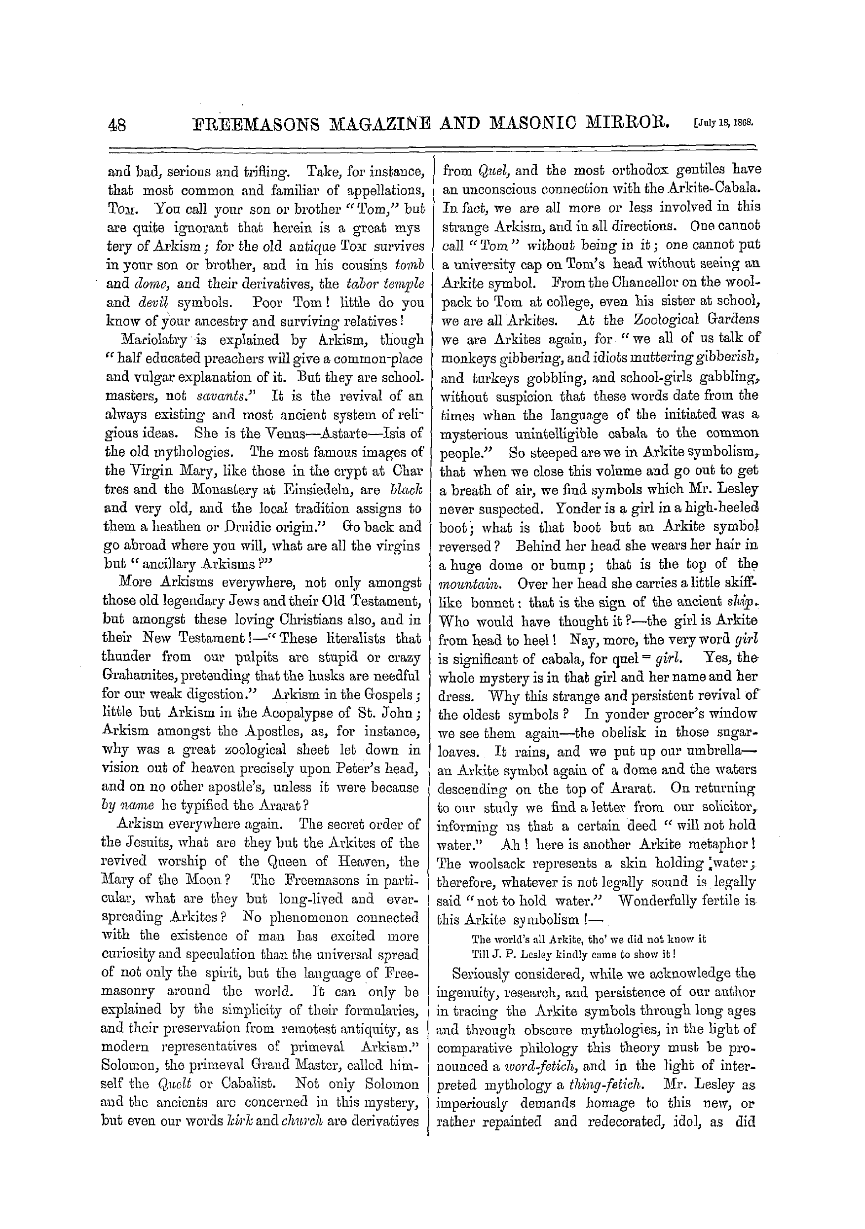 The Freemasons' Monthly Magazine: 1868-07-18 - Arkism.