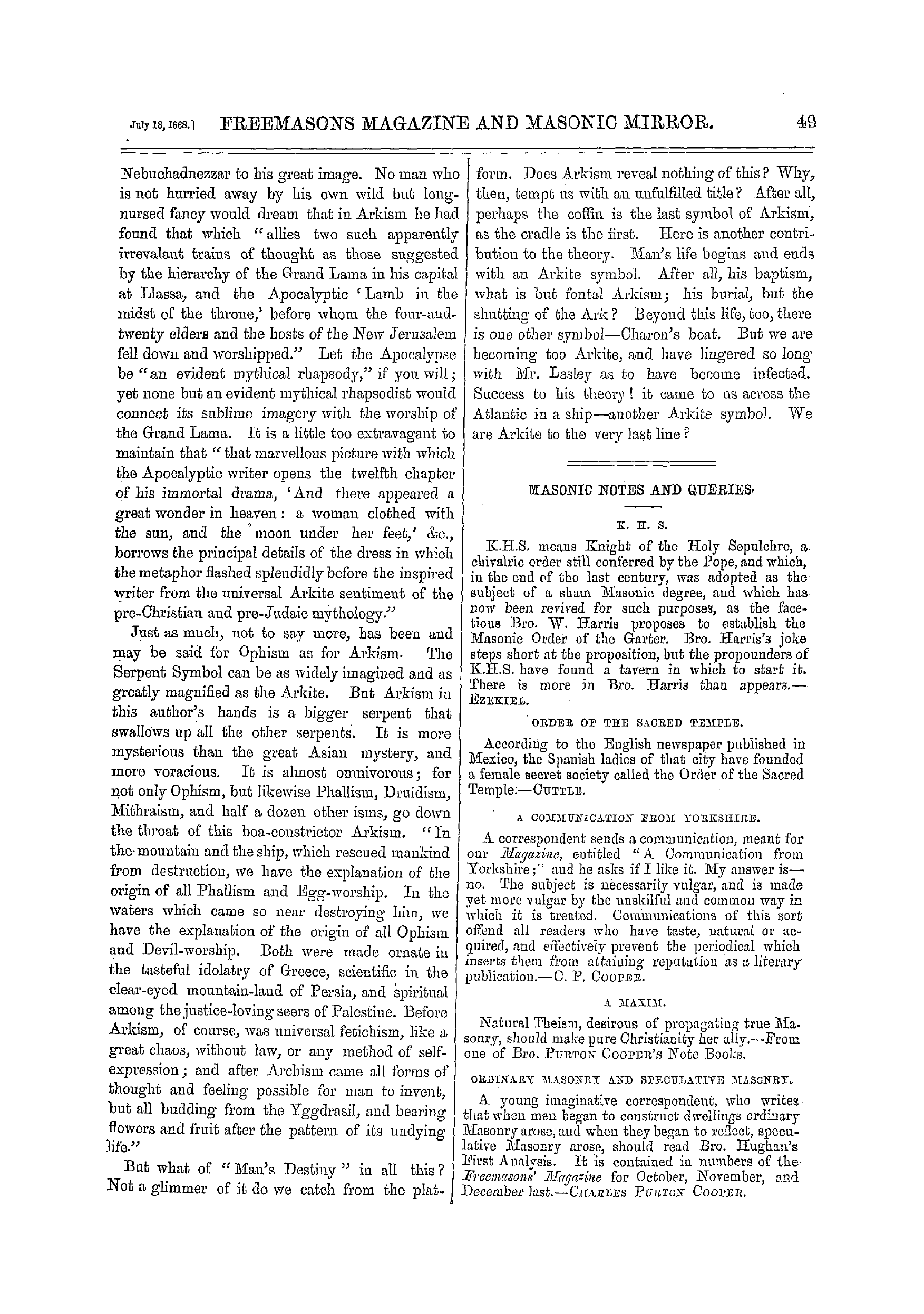 The Freemasons' Monthly Magazine: 1868-07-18 - Arkism.