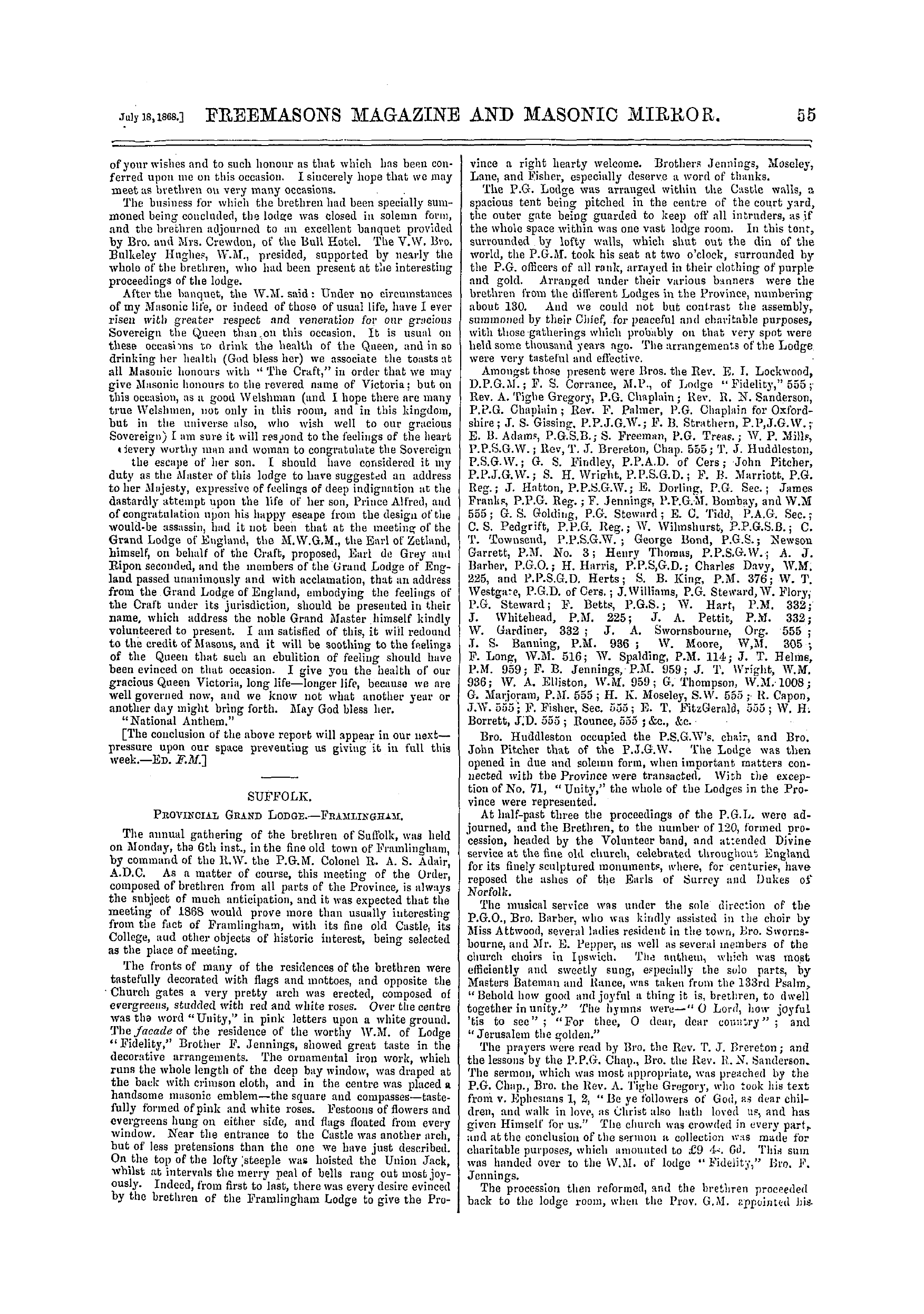 The Freemasons' Monthly Magazine: 1868-07-18 - Suffolk.