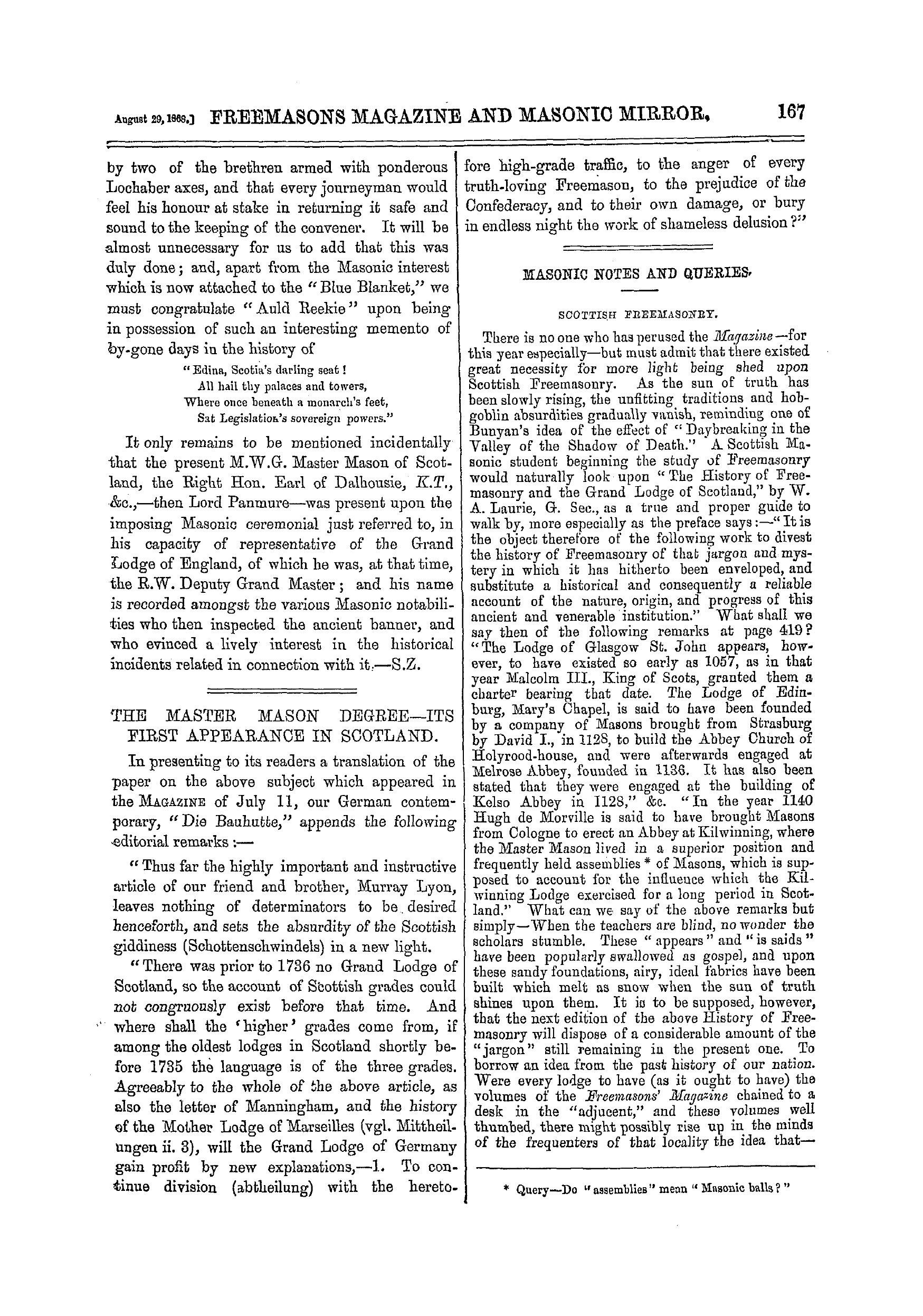 The Freemasons' Monthly Magazine: 1868-08-29 - The Master Mason Degree—Its First Appearance In Scotland.