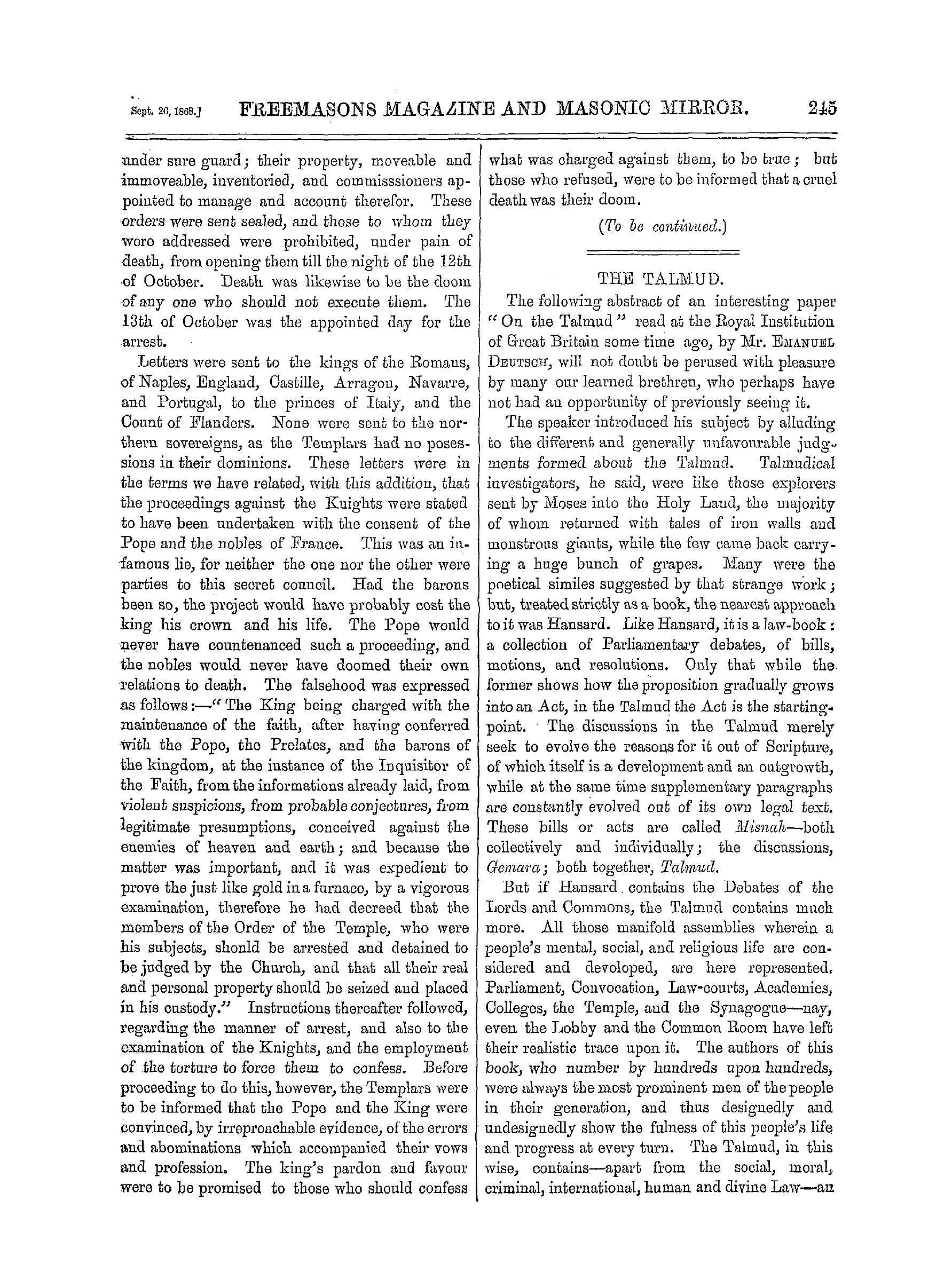 The Freemasons' Monthly Magazine: 1868-09-26 - The Knights Templars .