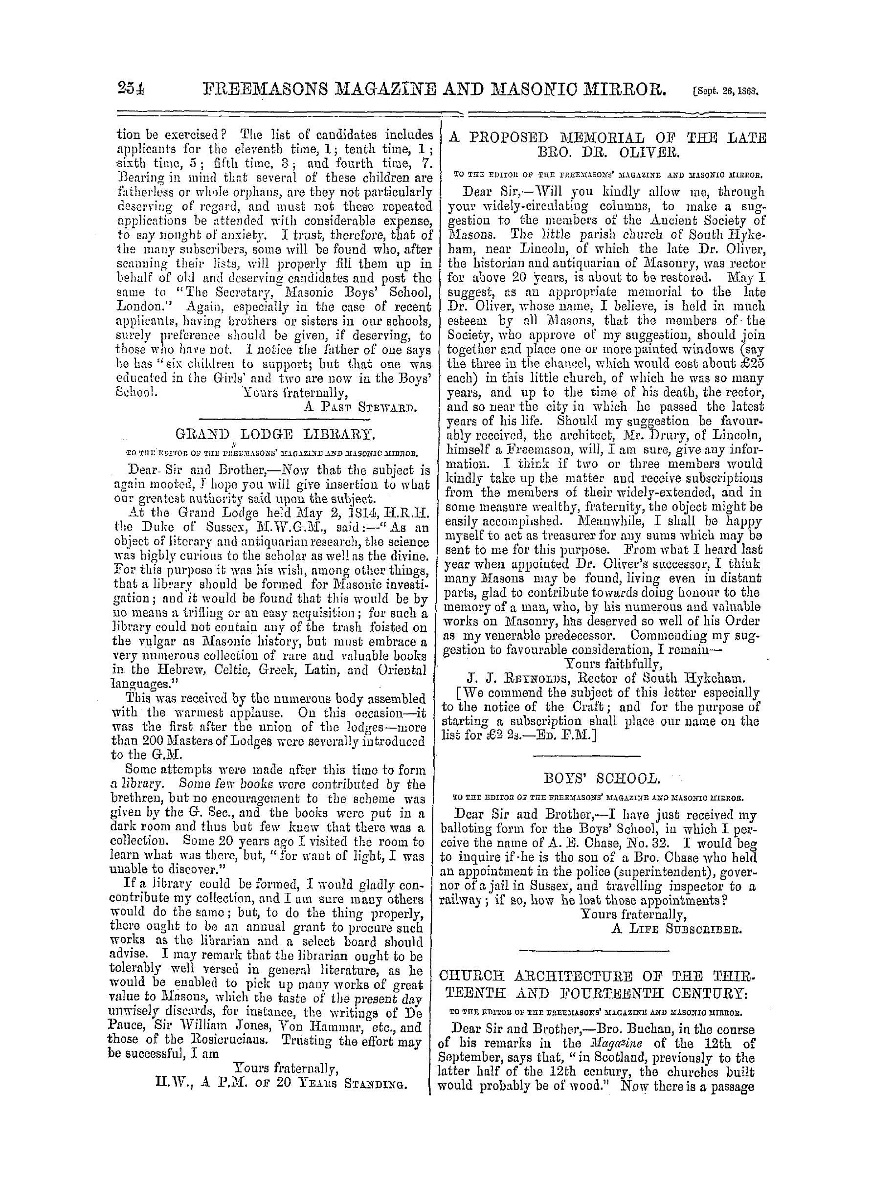 The Freemasons' Monthly Magazine: 1868-09-26 - The Masonic Charities.