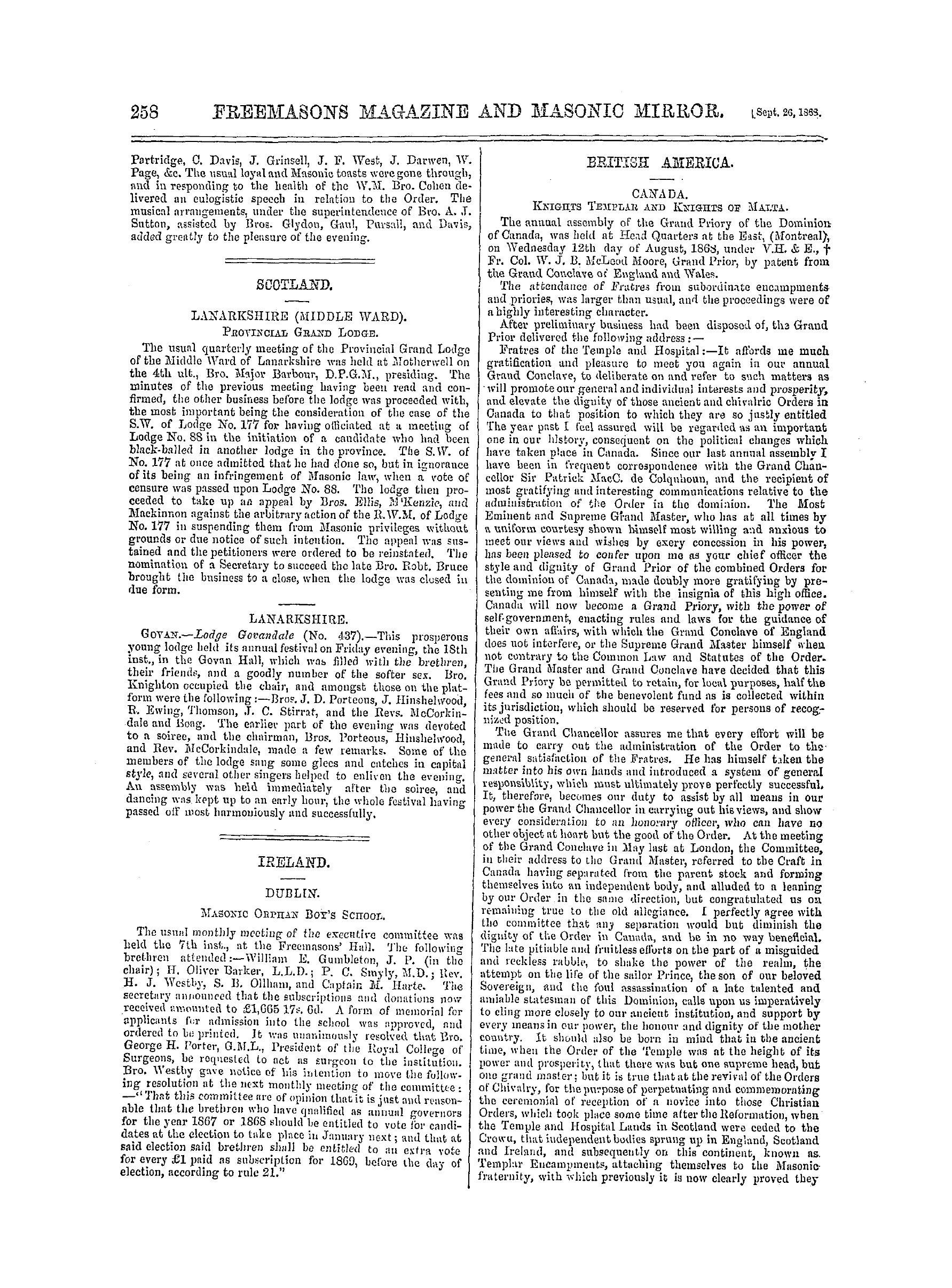 The Freemasons' Monthly Magazine: 1868-09-26 - Ireland.